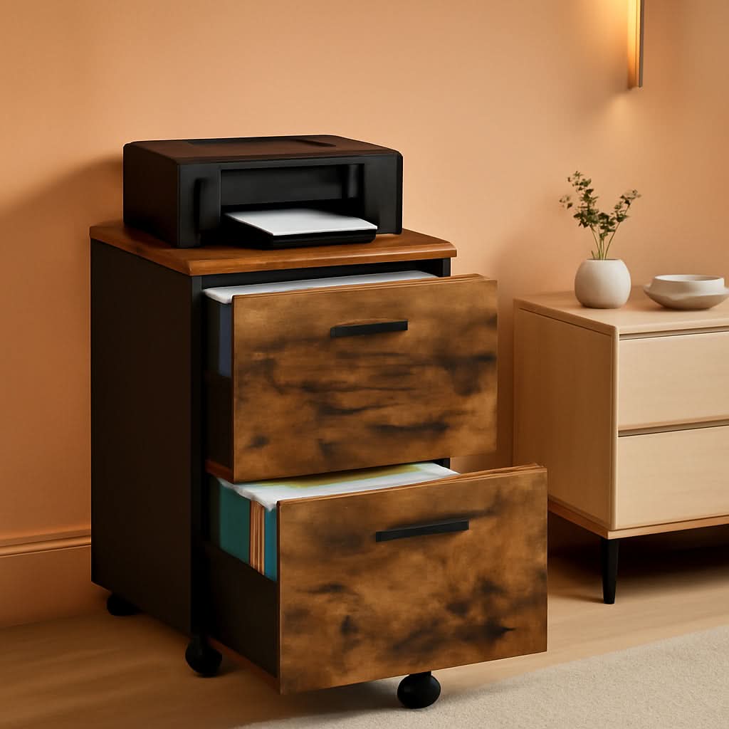 Two Drawer File Cabinet For Home Office Rolling Rustic Brown And Black Fits A4 And Letter Files