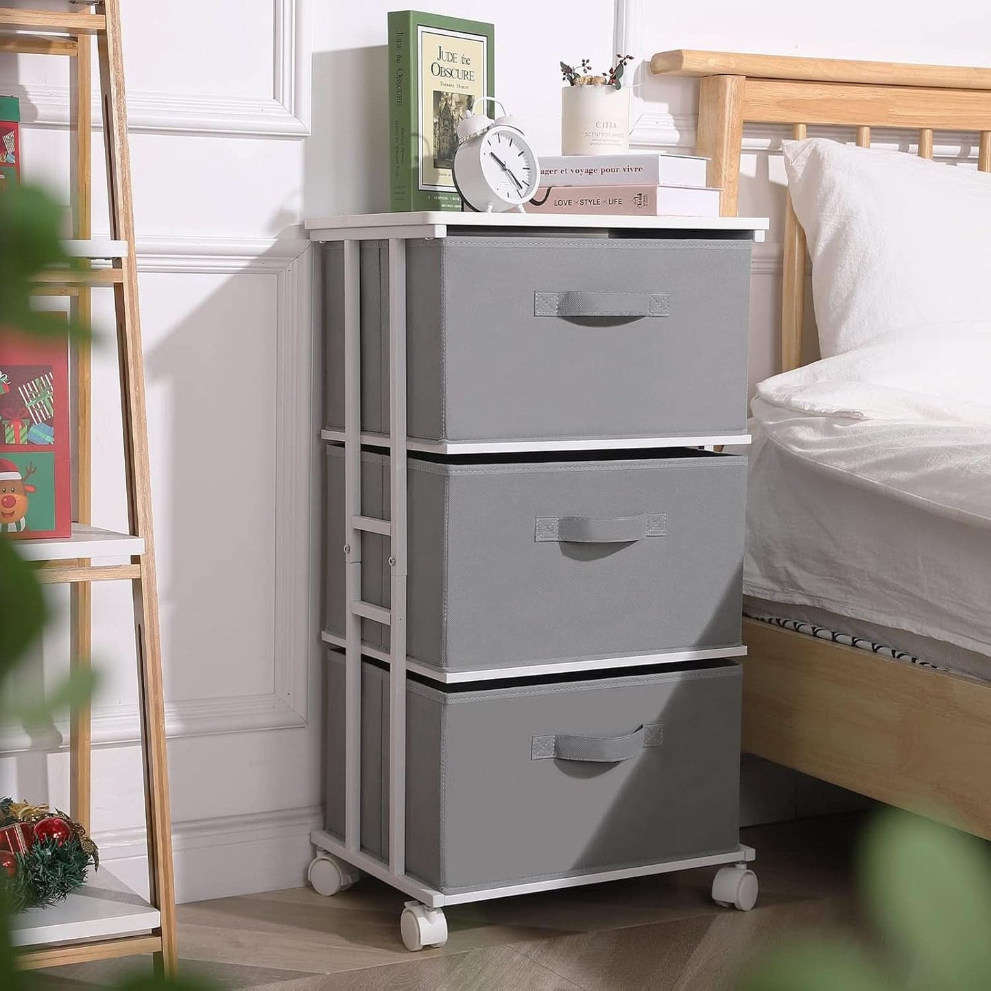 Dresser Tower 3 Drawer Dark Grey With Wood Top And Wheels