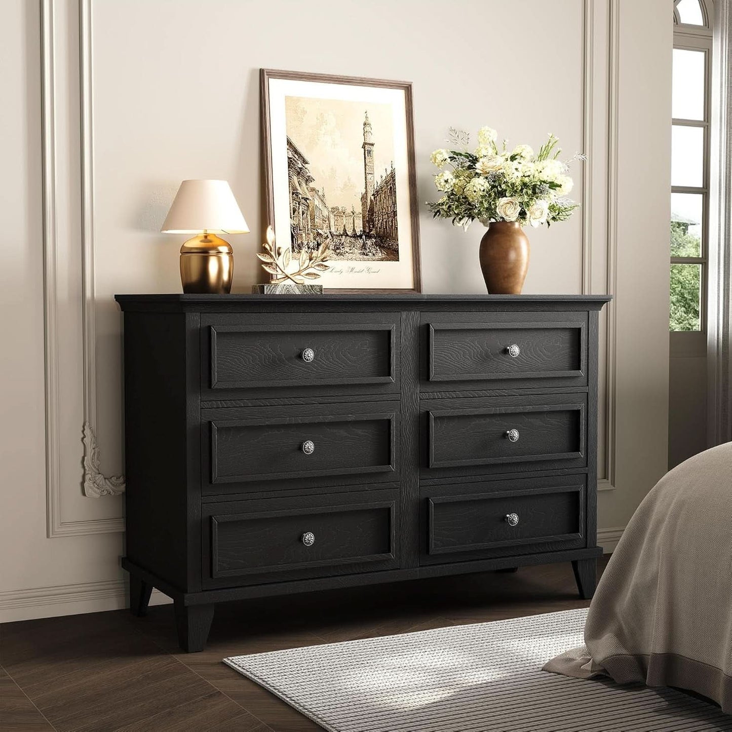 Black Antiqued Traditional Six Drawer Dresser Chest