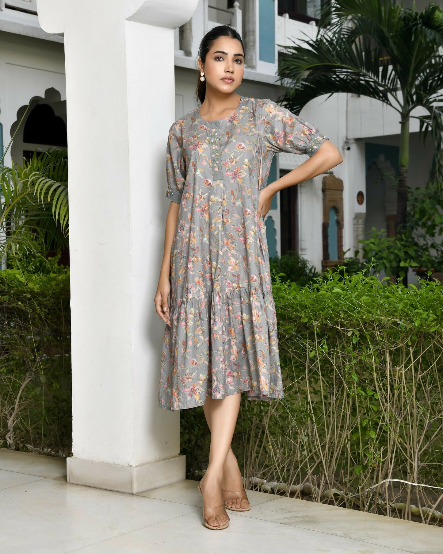 Vaasva Women's Grey Cotton Digital Printed Embroidered Placket Dress