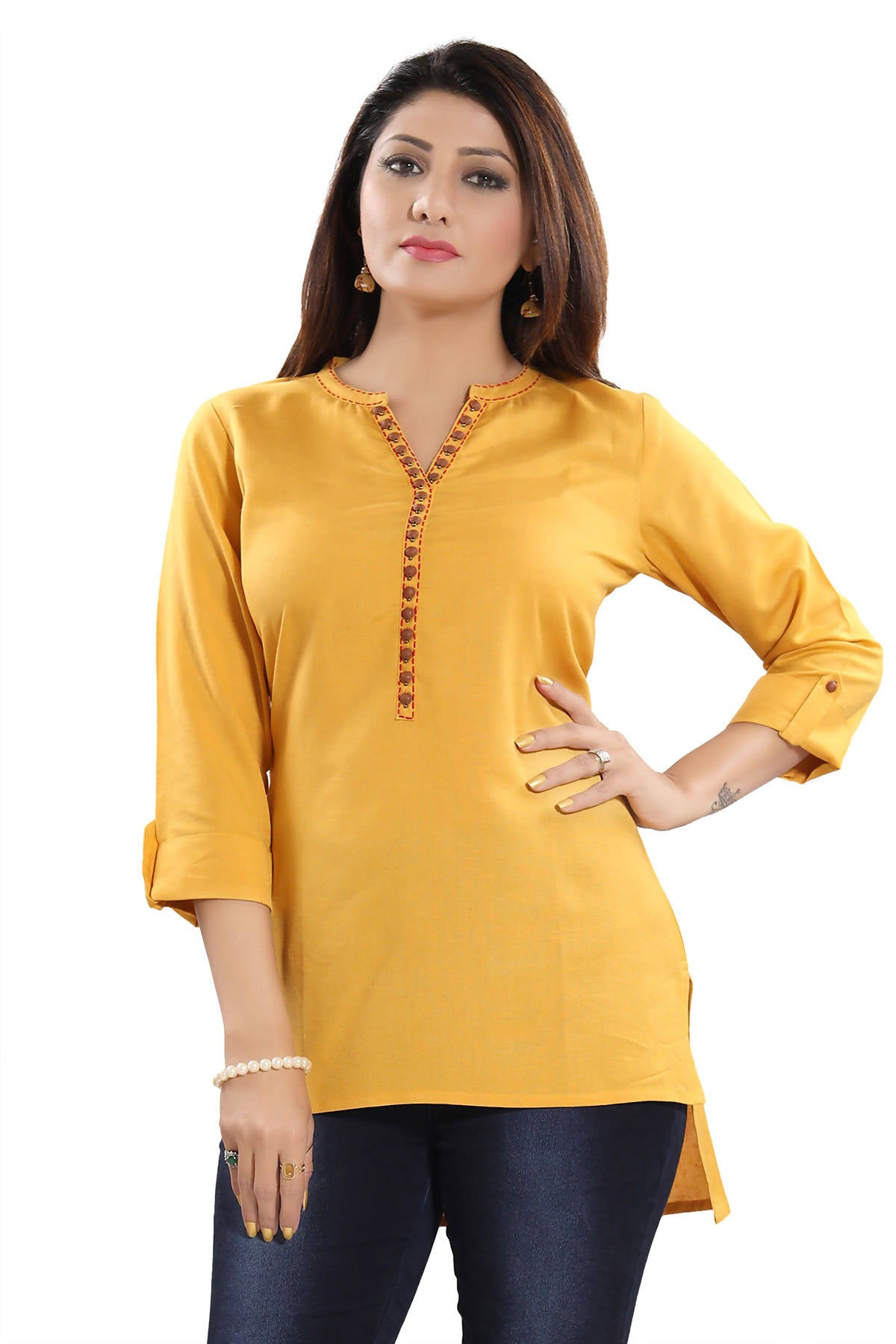 Snehal Creations Desirable Mustard Rayon Cotton Hi-Low Short Kurti Top