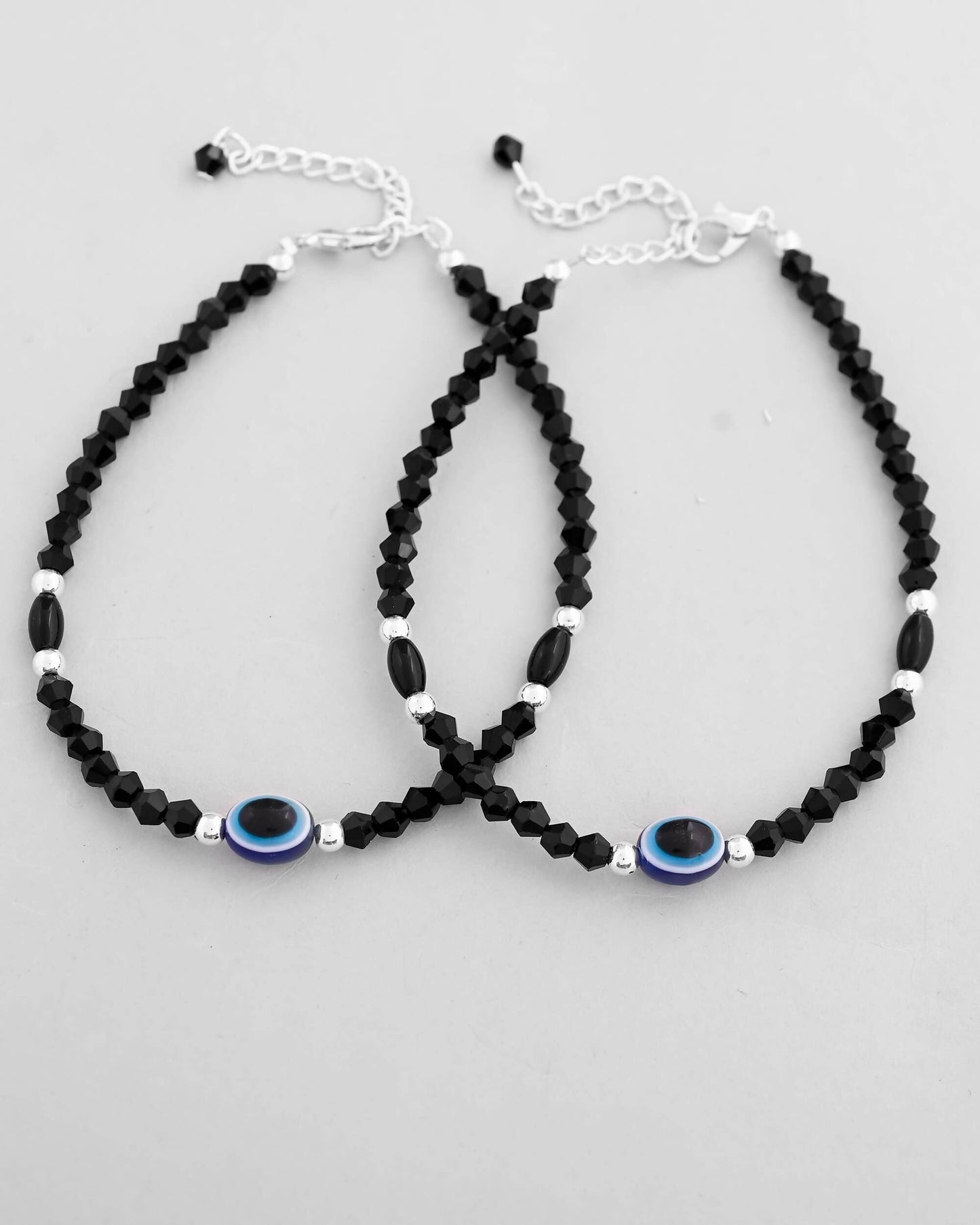 VOJ Set of 2 Evil Eye Black Beads Adjustable Anklet