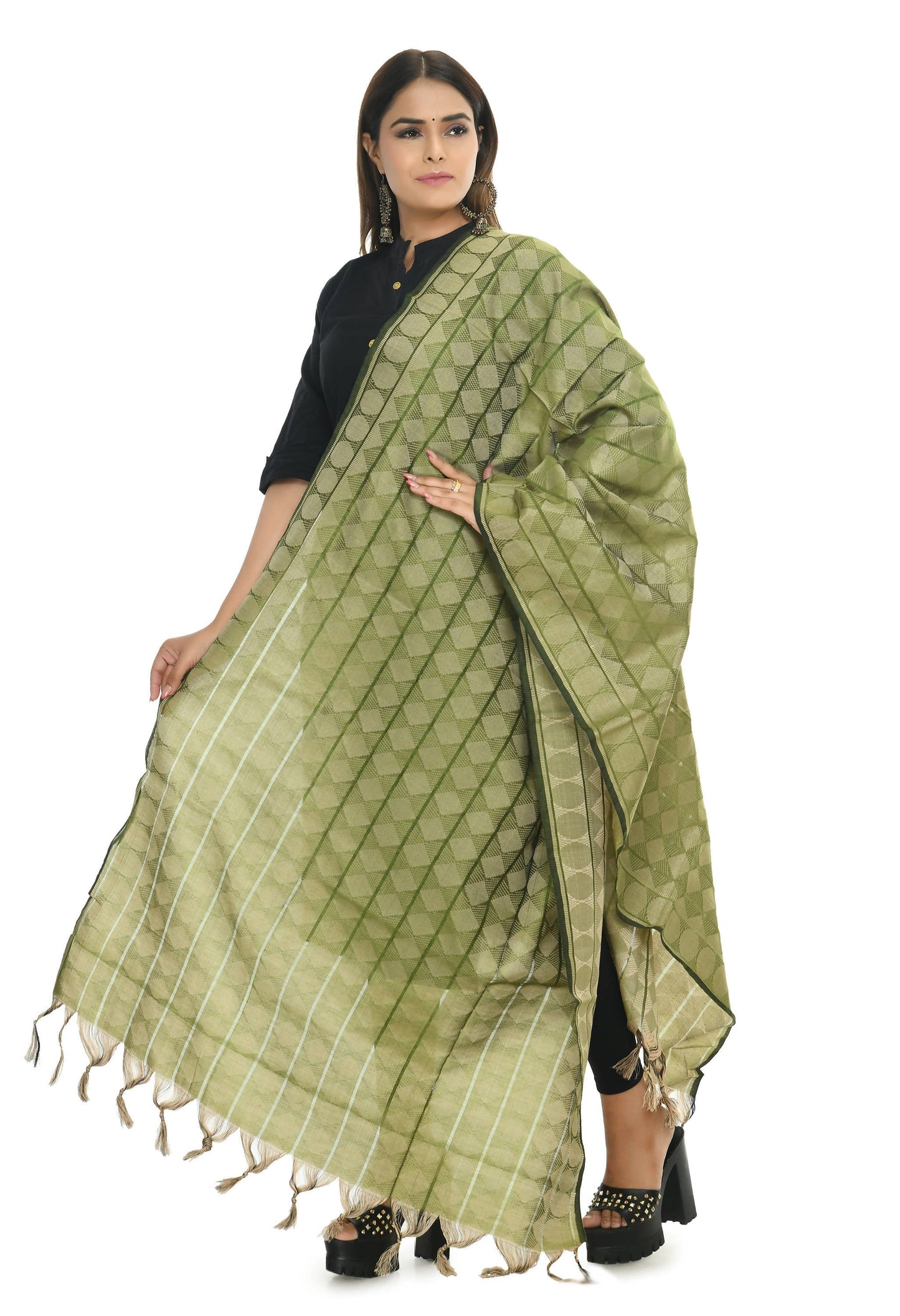Mominos Fashion Moeza Handloom Cotton Mehendi Green Dupatta