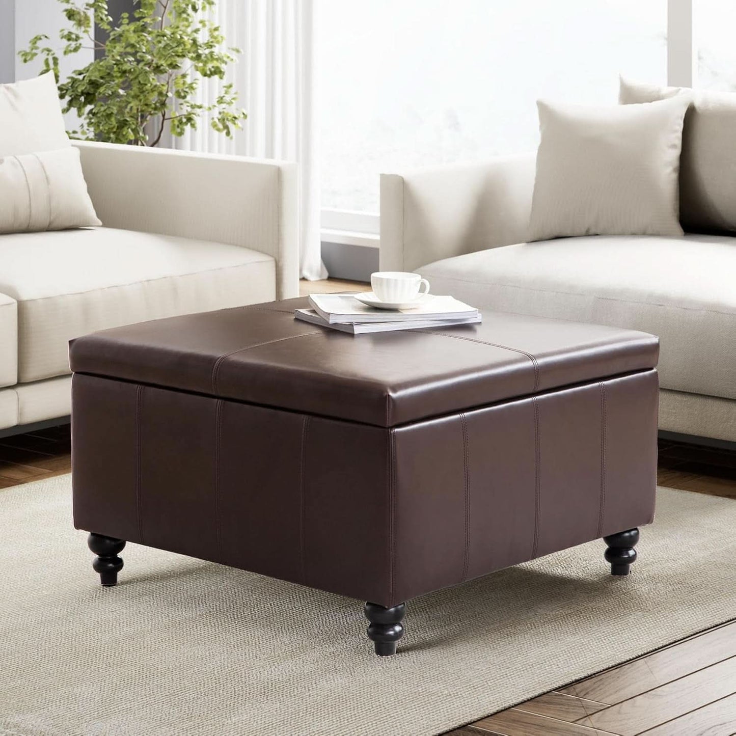 Square Leather Storage Ottoman 30-Inch Brown Durable