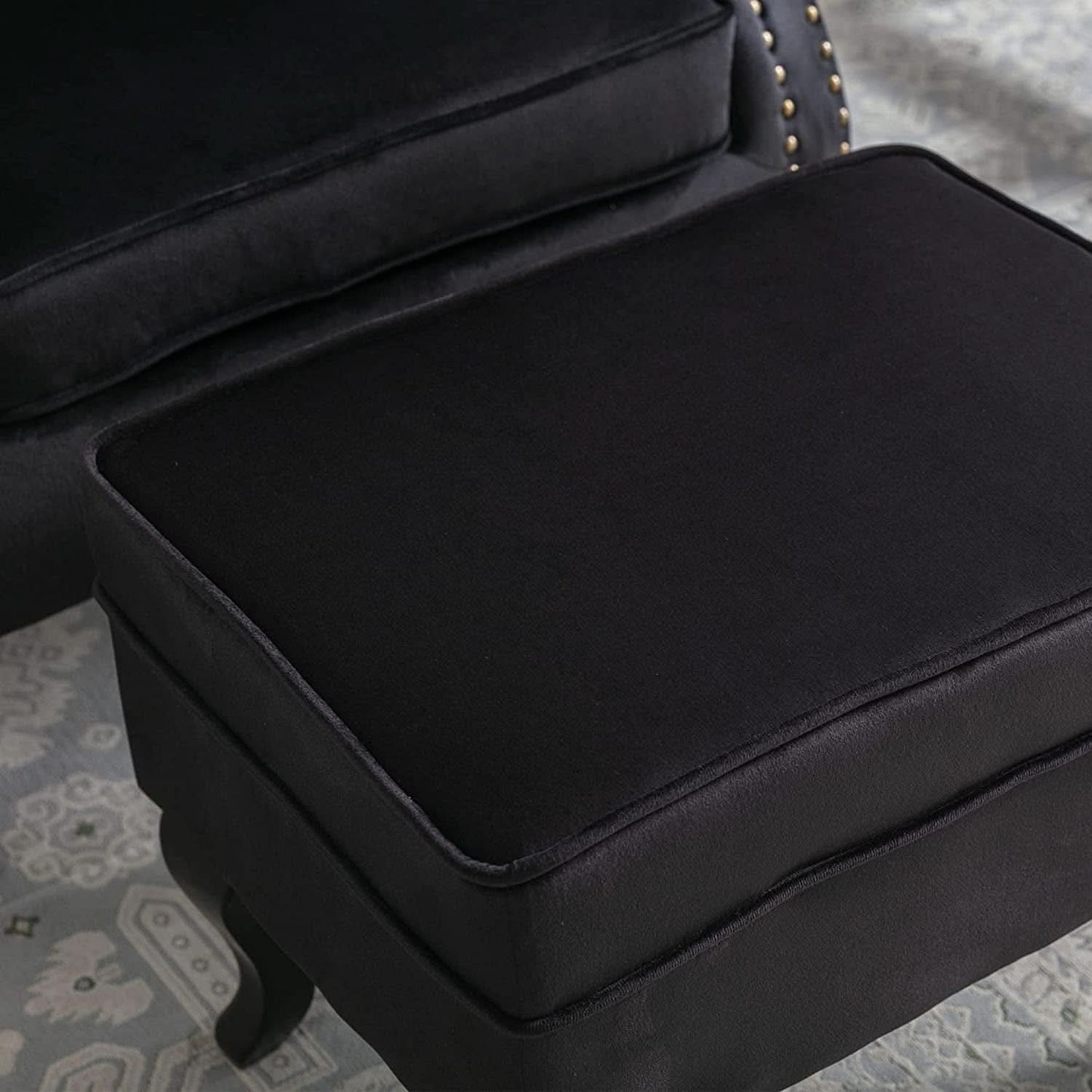 Elegant Black Velvet Wingback Chair With Ottoman Set