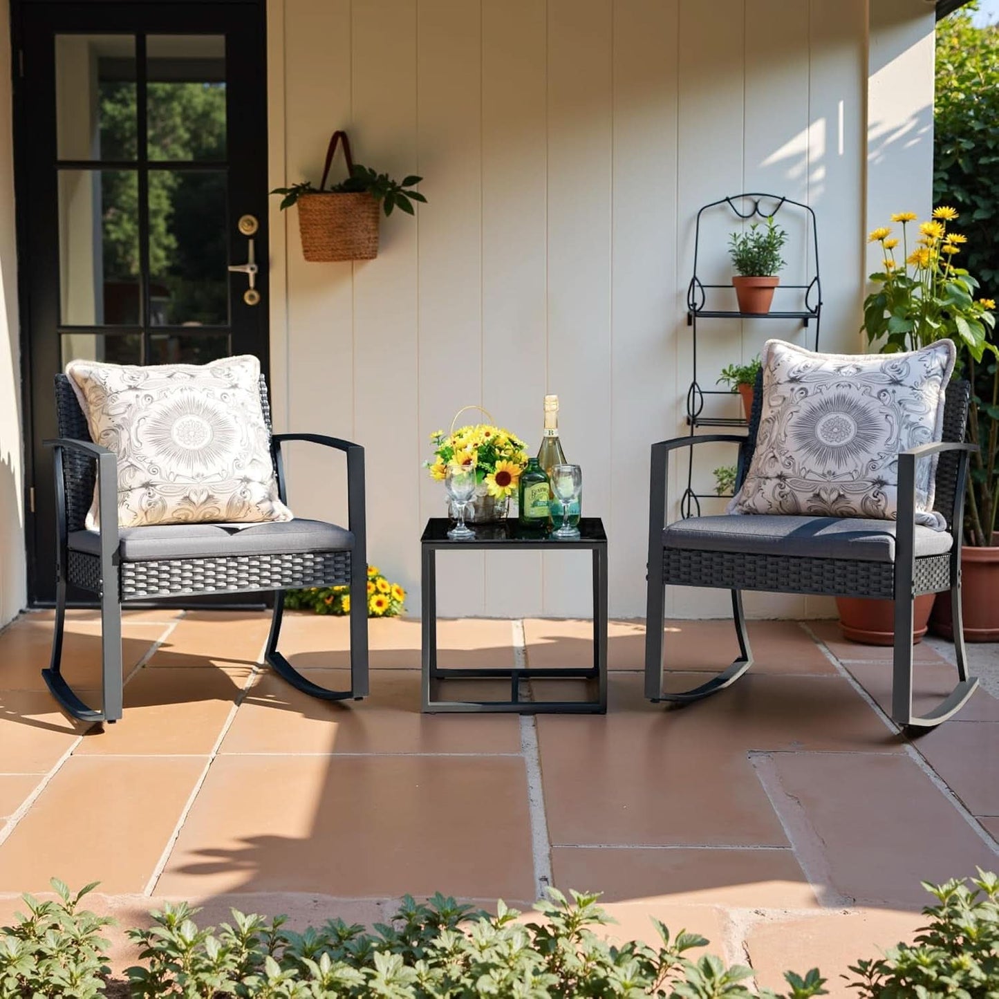 All Weather Outdoor Rocking Chair Set with Cushions