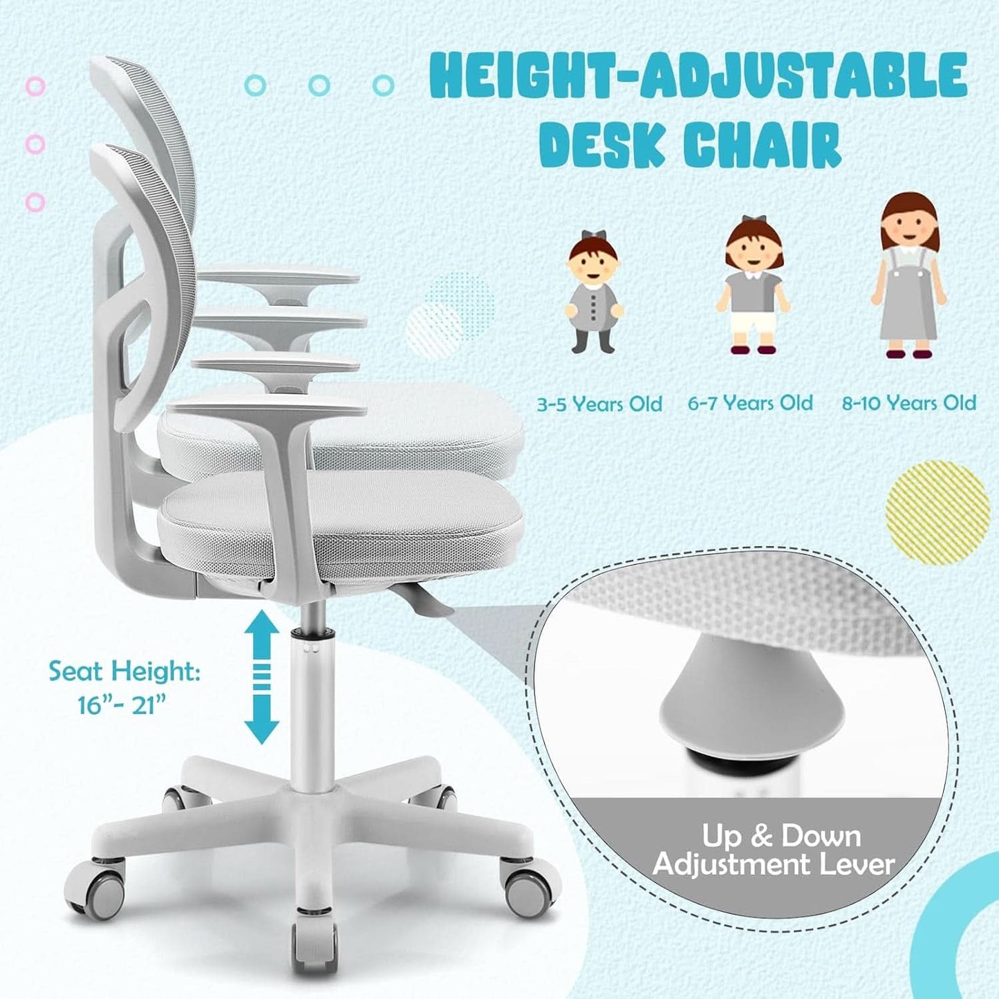 Kids Desk Chair Ergonomic Swivel With Lumbar Support And Breathable Mesh