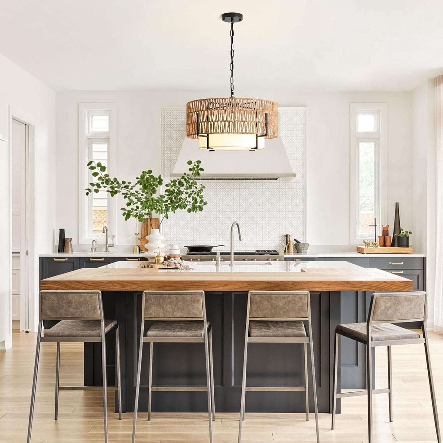 Boho Rattan Chandelier Pendant Light Natural Finish
