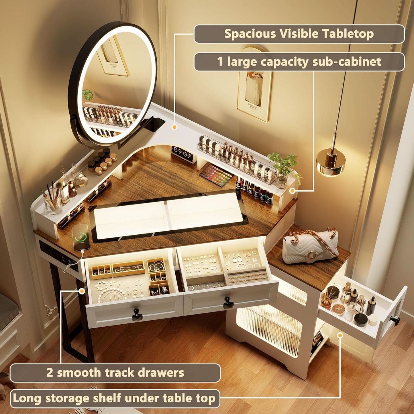 White Corner Vanity Mirror With Built In Charging Station