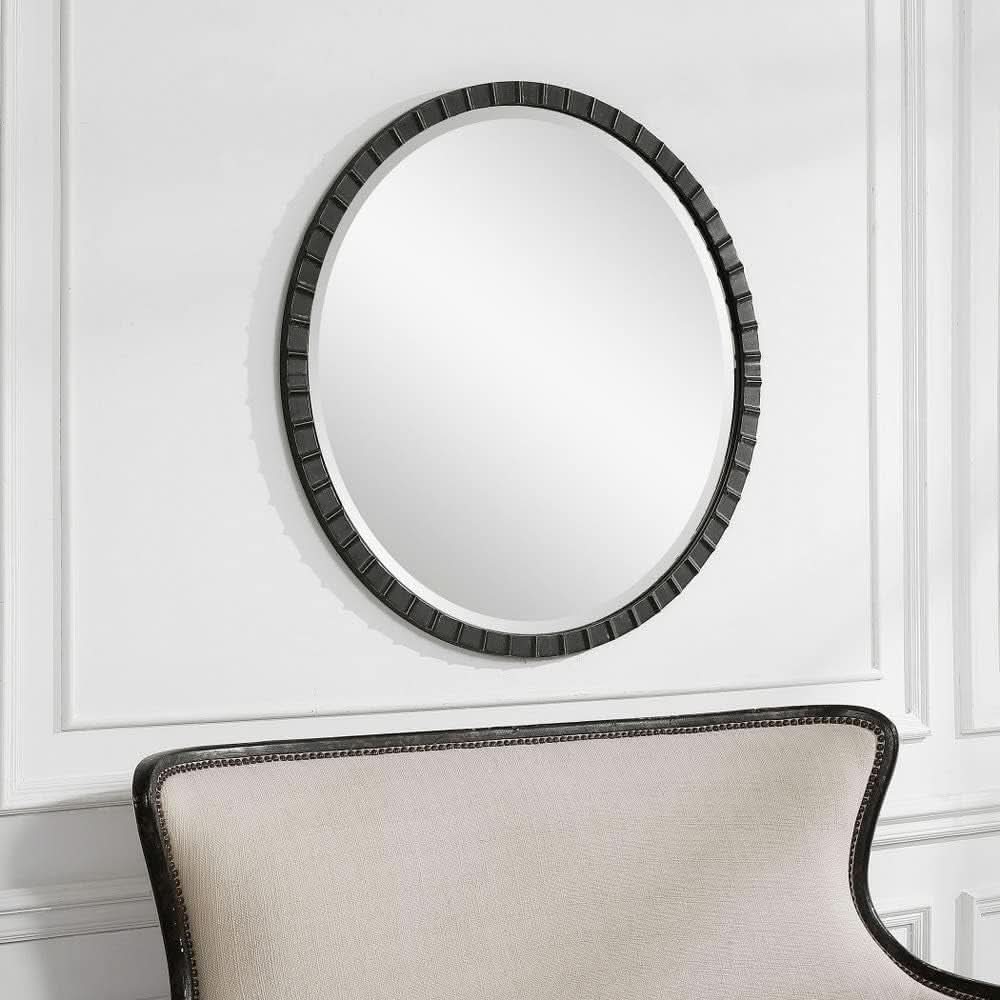 34 Inch Round Industrial Mirror Wall Mounted Matte Black Silver Finish
