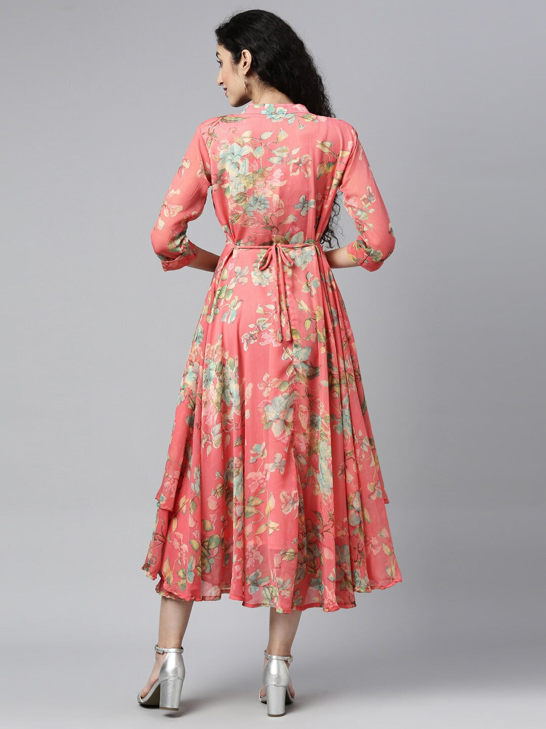 Souchii Pink & Green Floral Layered A-Line Midi Dress