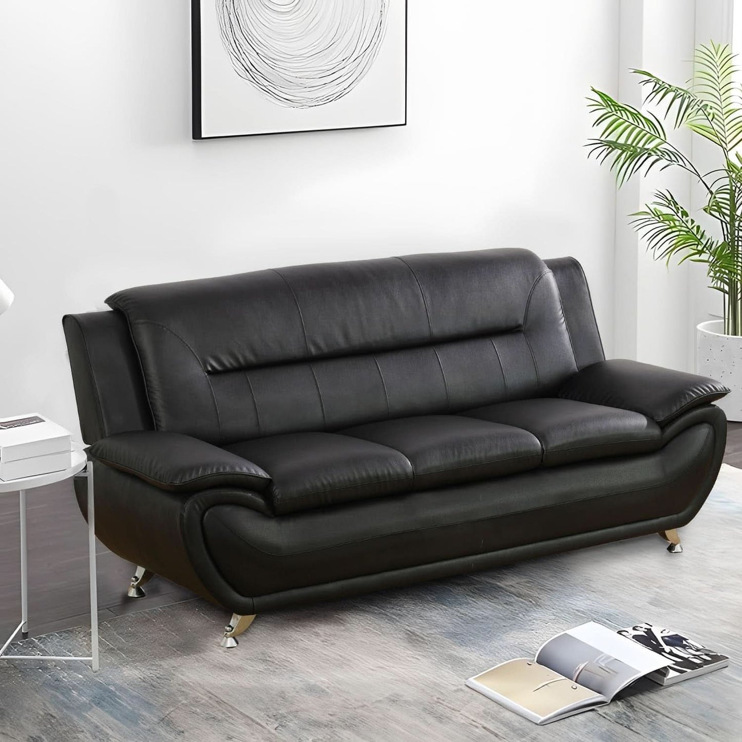 Black Faux Leather Sofa Loveseat 2 Piece Living Room Set