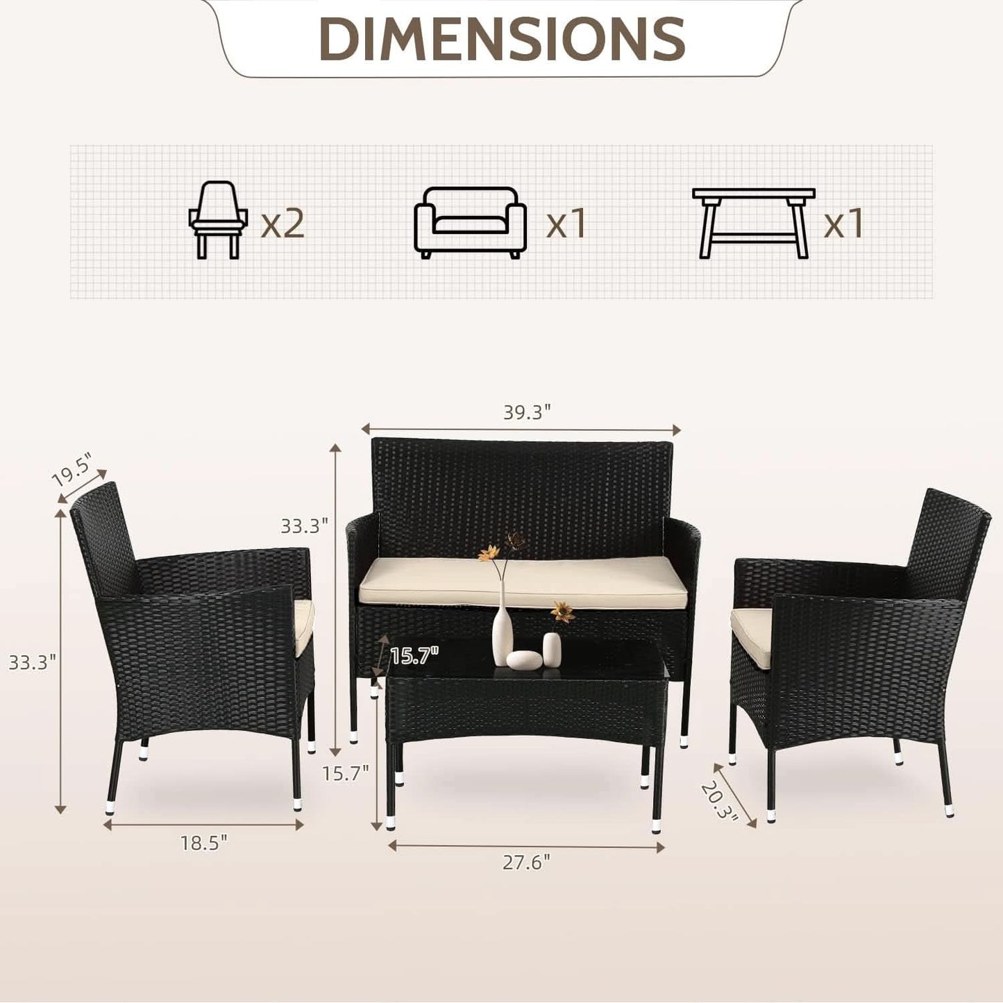 Outdoor Rattan 4 Piece Patio Furniture Conversation Set