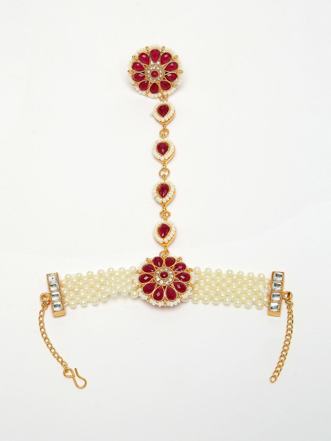 NVR Women's Red Gold-Polished Stone Studded Handcrafted Ring Bracelet