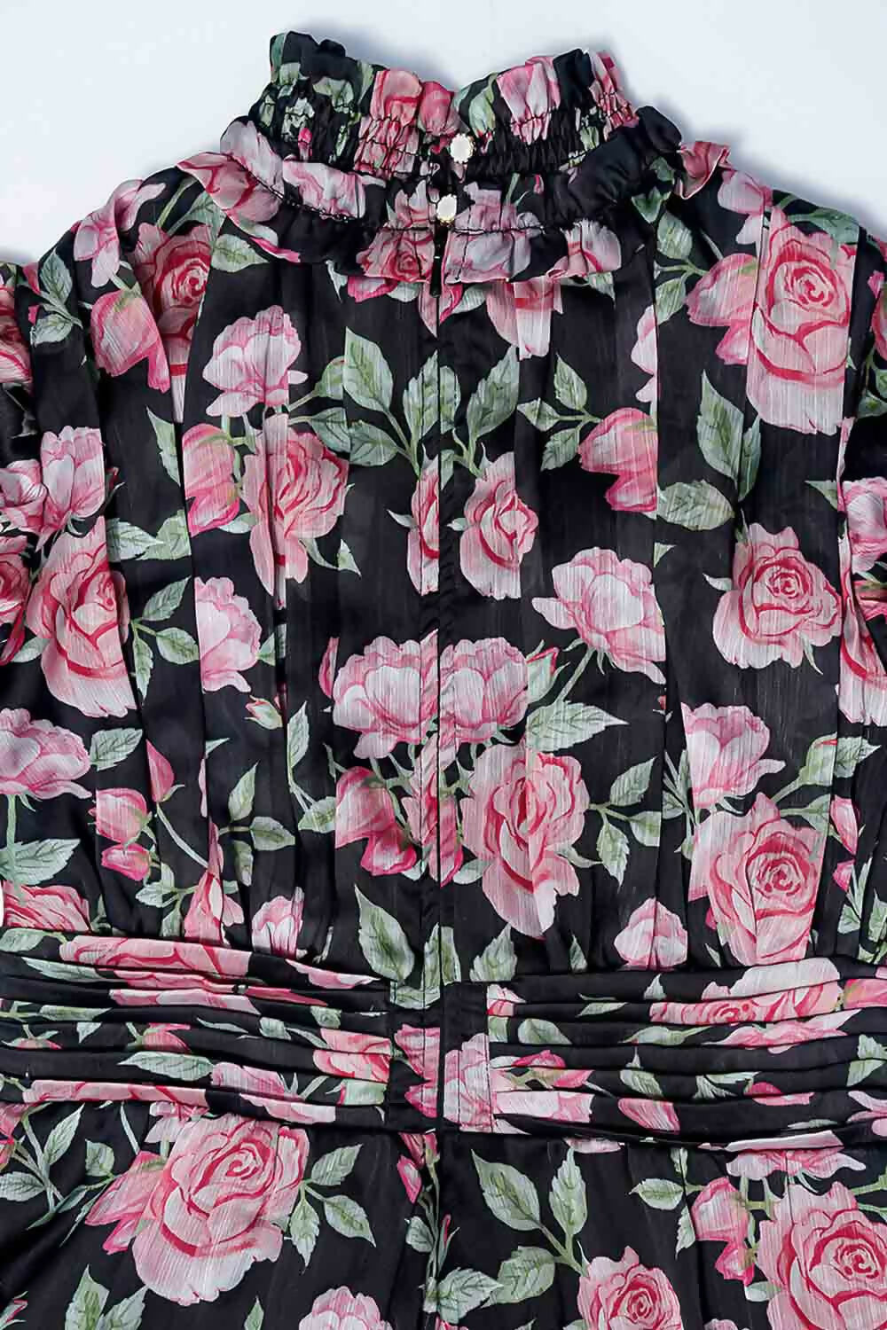 LH Luxury Fashion Runway Rose Long Shirred Dress – Elegant Black Flared Dress for Girls