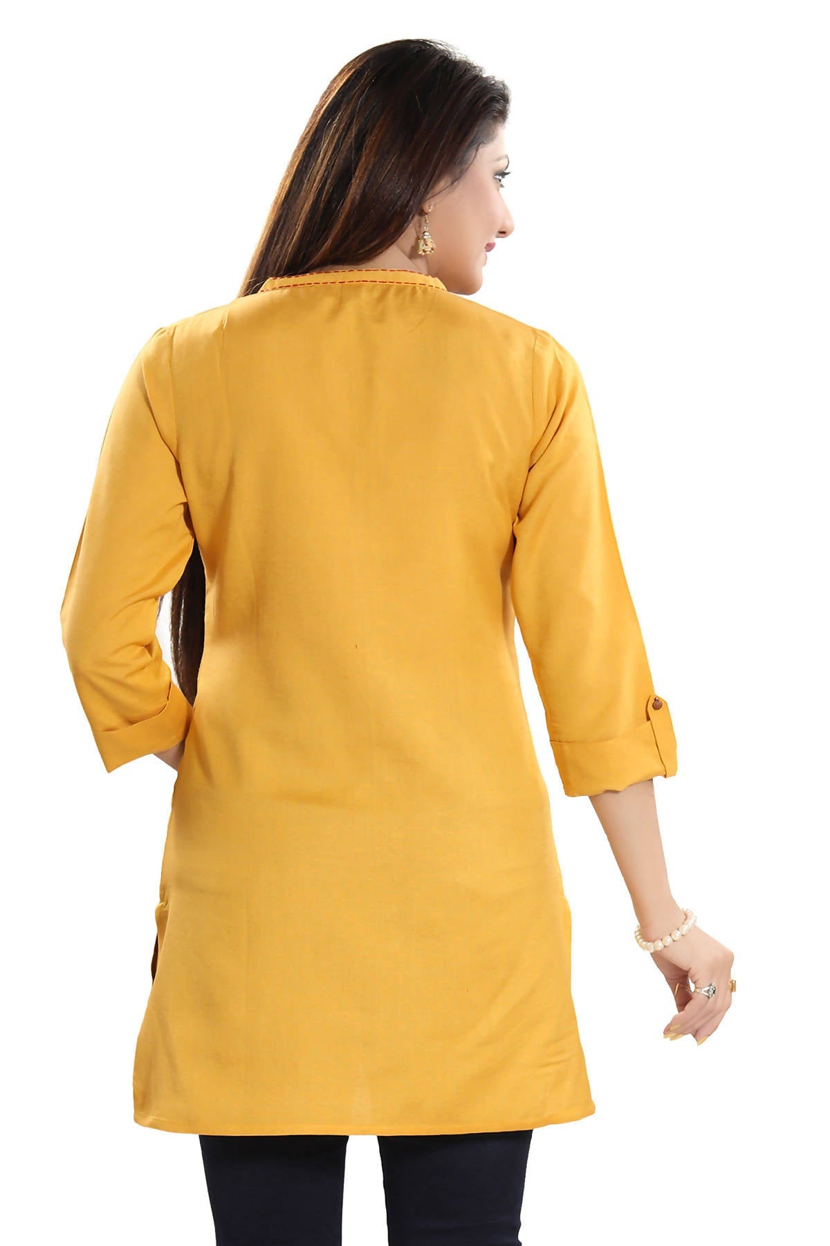 Snehal Creations Desirable Mustard Rayon Cotton Hi-Low Short Kurti Top