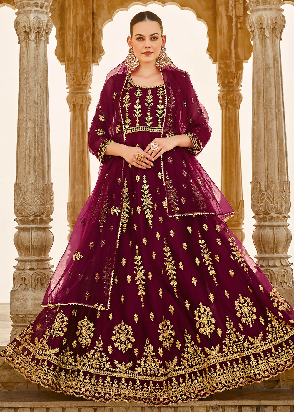 Heavy Stone Embroidered Wine Designer Anarkali Suit - Emponline