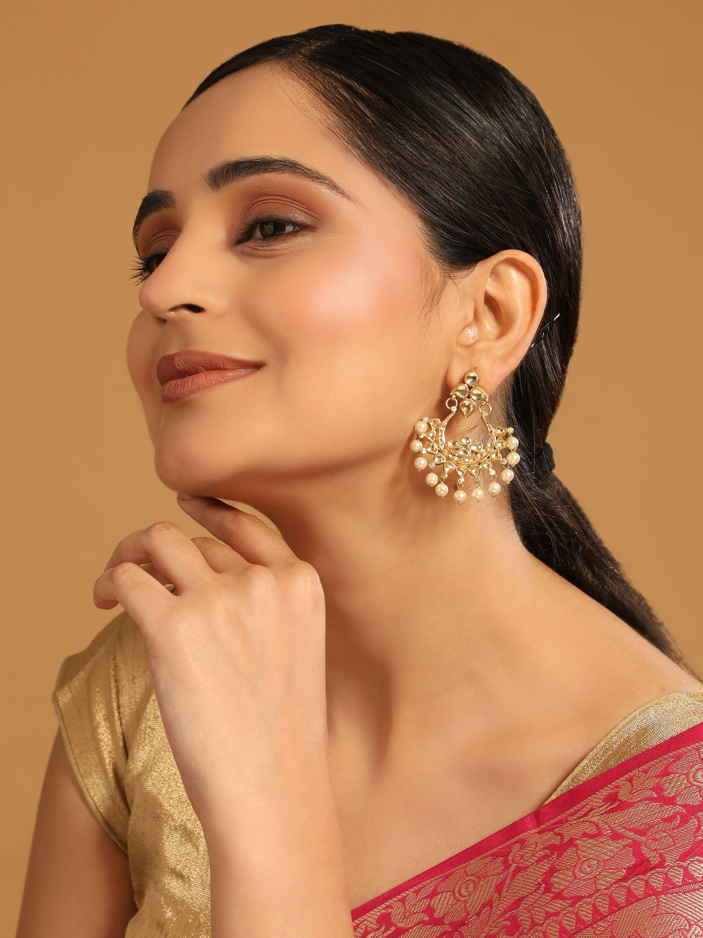 Nuyug 22K Gold Plated Kundan Chandbali Pearl Elegance Earrings