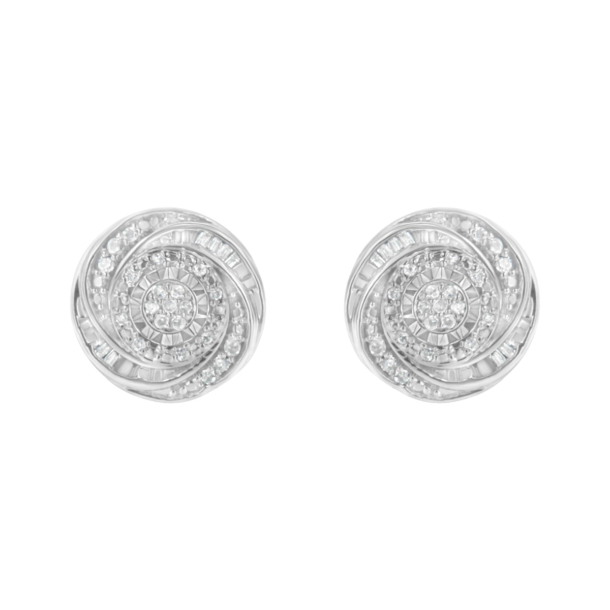 .925 Sterling Silver 1/4 Cttw Baguette and Round Diamond Swirl Love Knot Stud Earrings (I-J Color, I3 Clarity)