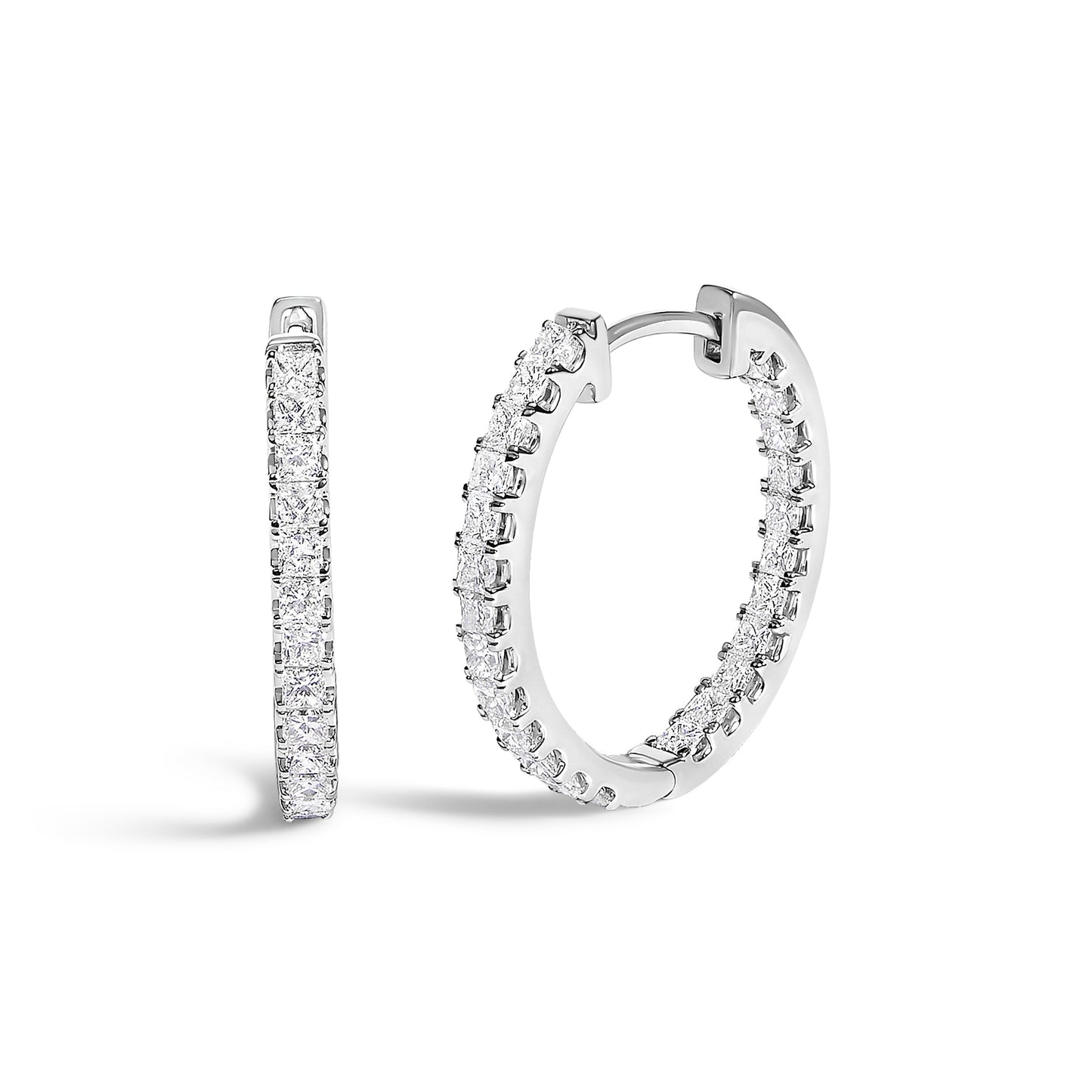 14K White Gold 2.00 Cttw Princess Diamond Inside Out Elongated Hoop Earrings