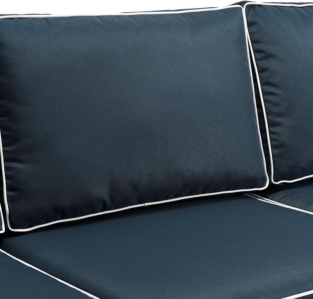 Brown Wicker Outdoor Sofa with Navy Cushions for Comfort