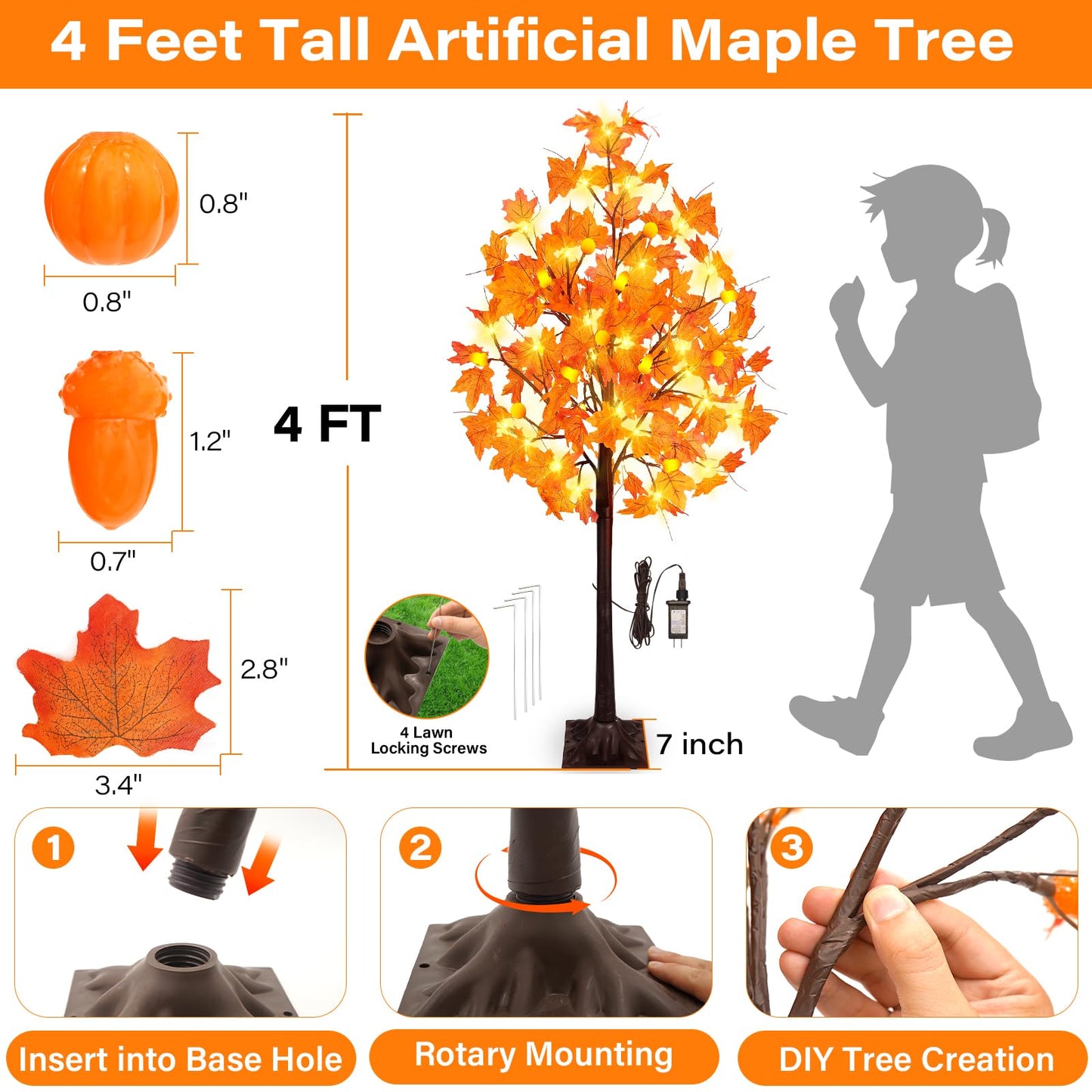 Ciyvotom 4 FT Fall Tree with 63 LED Warm Lights, 3D Pumpkins, Remote, Timer