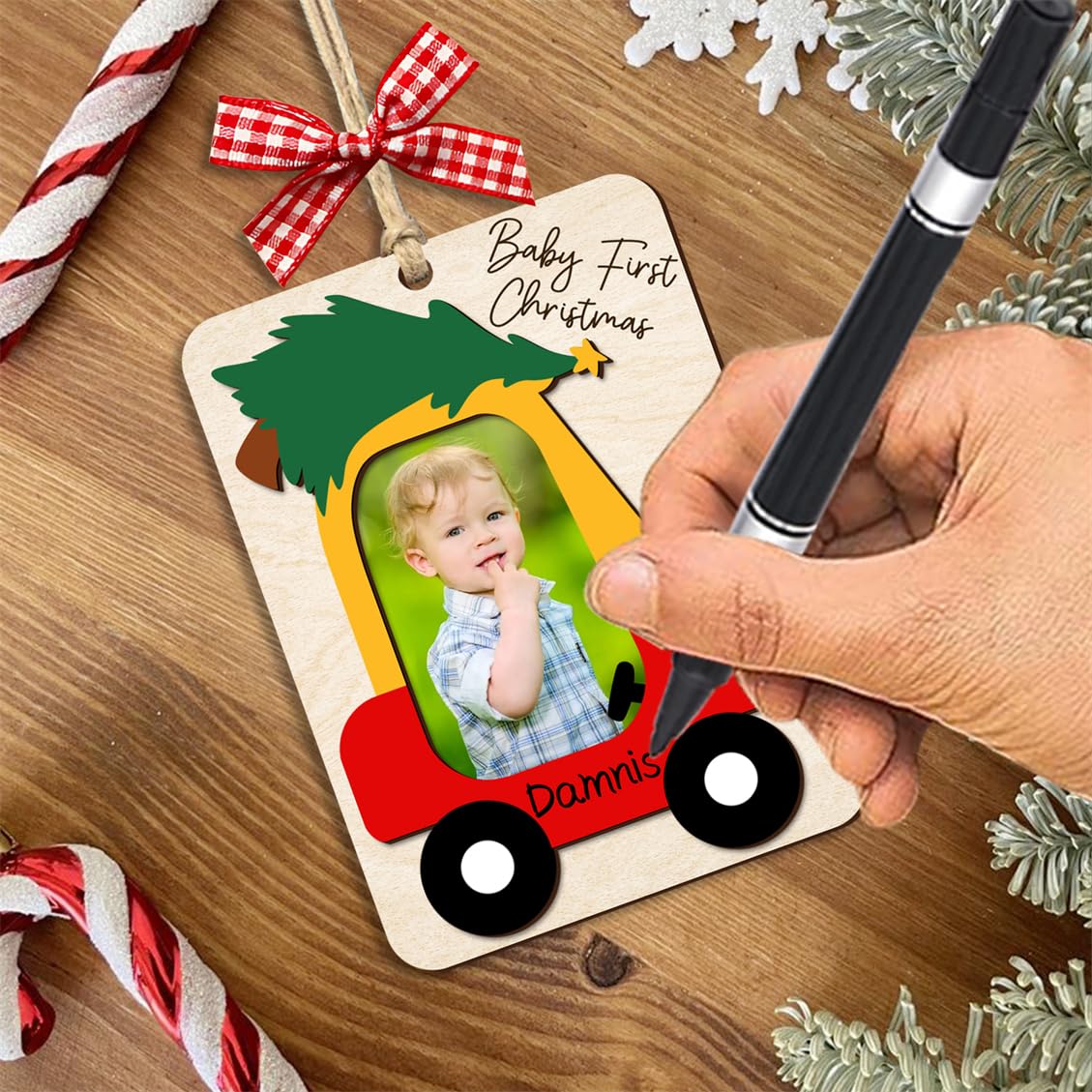Baby's First Christmas Ornament with Name Wooden Baby 1st Christmas Ornament Picture Frame Car Babys Photo Xmas Tree Ornaments Keepsake for New Mom Dad Birthday