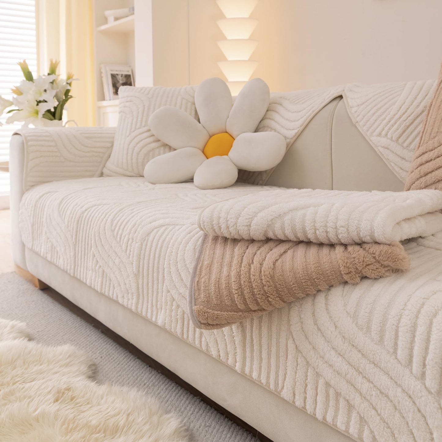 Aucrovee Plush Non Slip Sofa Cover 3 Cushion 36x63 White 1 PCS