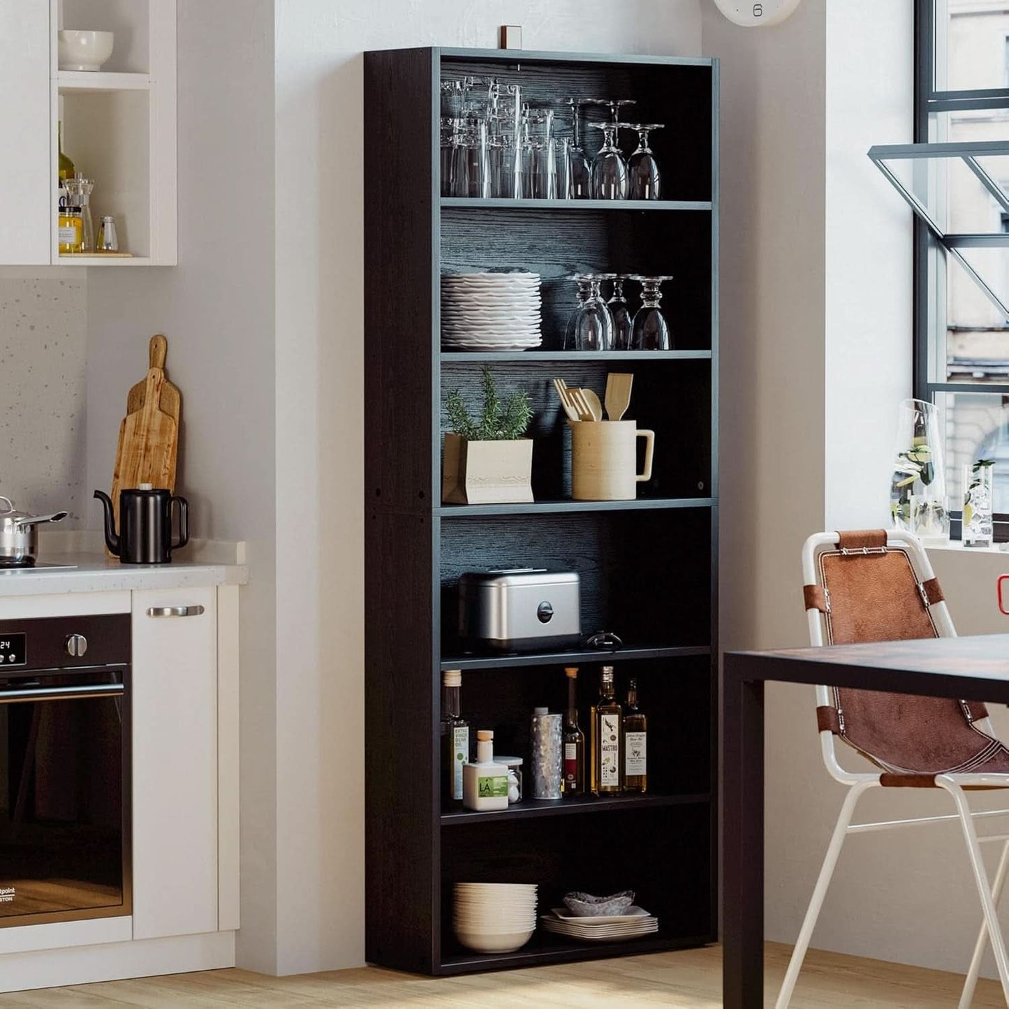 Floor Standing Walnut Finish Bookcase 6 Tier 70 Inches