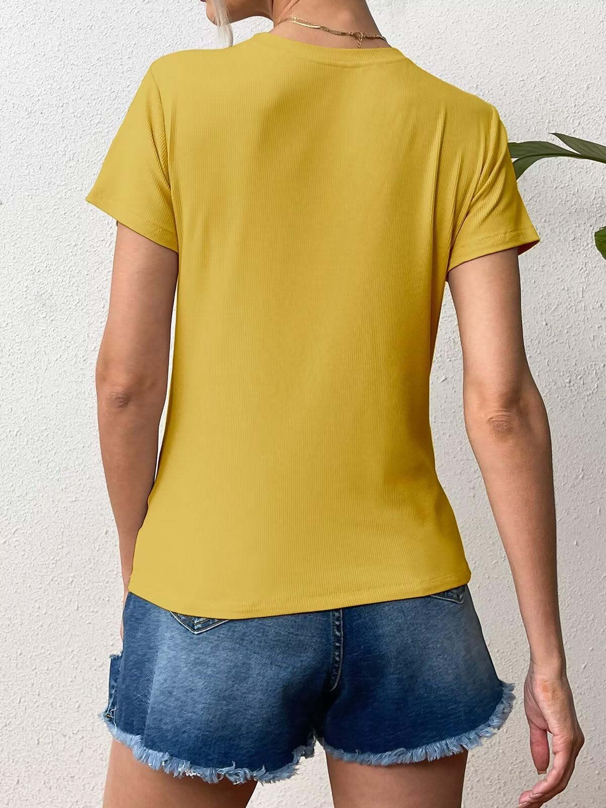 Ridshy Women's Ribbed Crewneck Short Sleeve T-Shirt, Yellow, Size L
