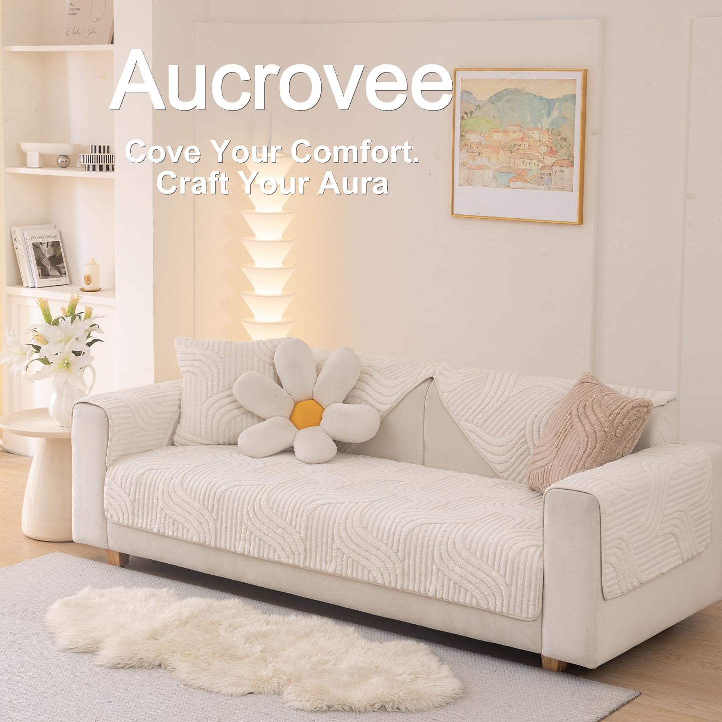 Aucrovee Plush Non Slip Sofa Cover 3 Cushion 36x63 White 1 PCS