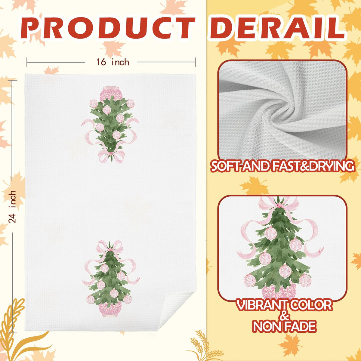 SPBL&L Chinoiserie Christmas Kitchen Towels Pink Bow Tree, 16 x 24 in, Set of 2