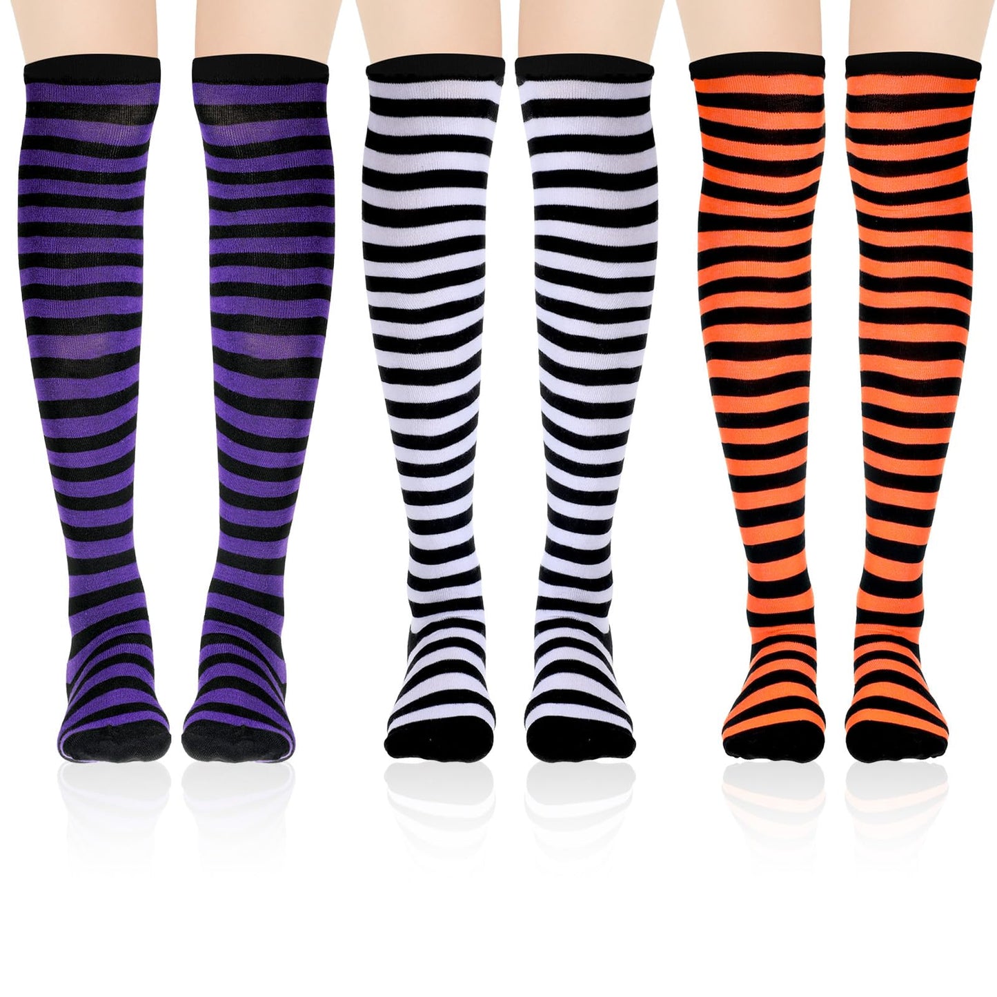 Tweruna 3 Pair Women's Knee High Striped Socks Orange Black Purple