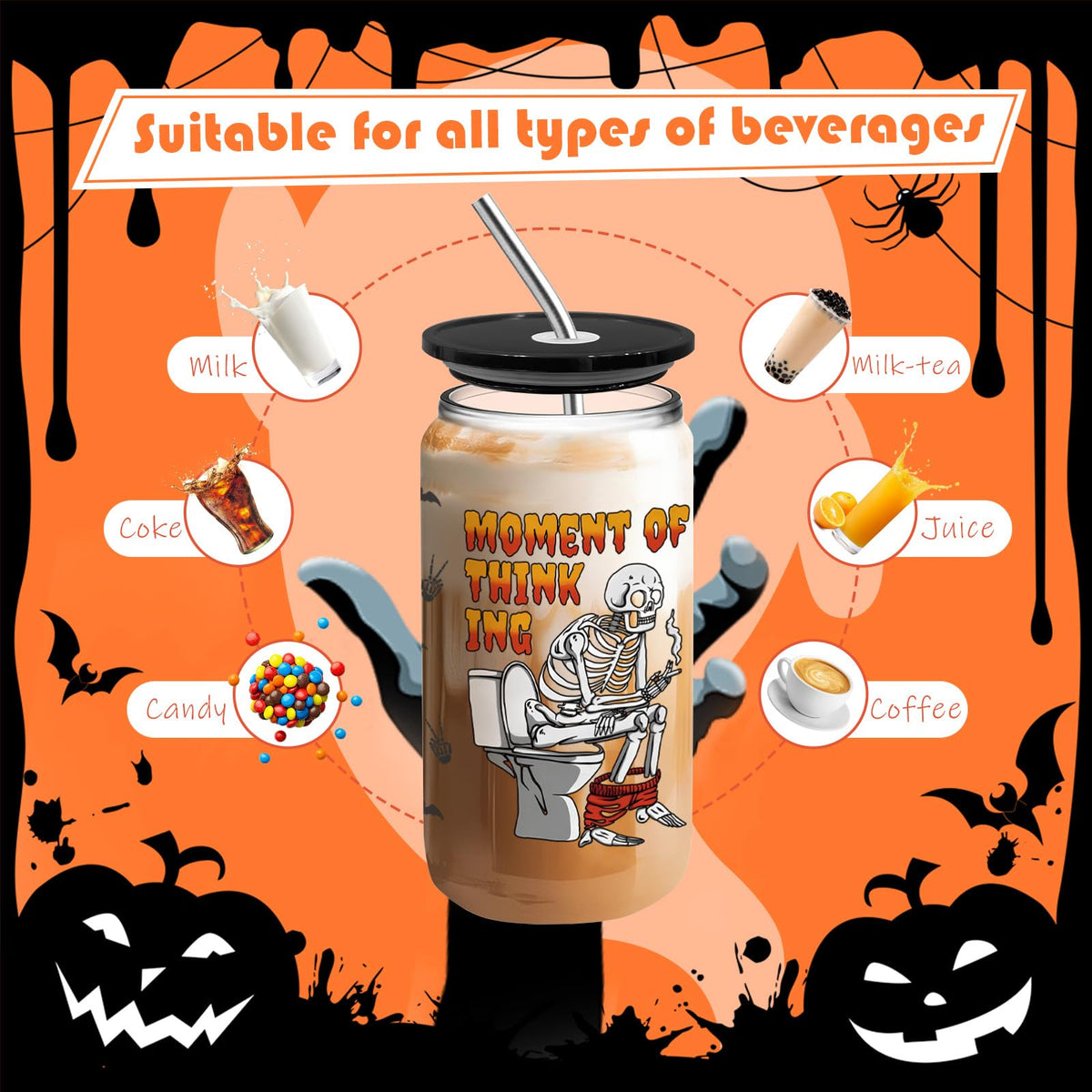 Halloween Tumbler Boo Basket Stuffers, Halloween Gifts for Women Teens Kids, Fall Cups Glass Coffee Mug with Lid & Straw 16 oz, Spooky Cute Skeleton Gag Gifts Fall Basket Stuffers Drinking Glasses