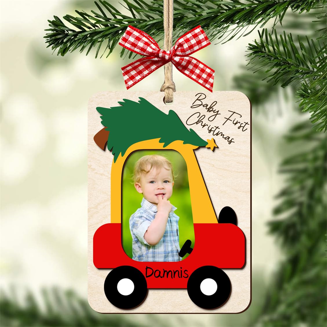 Baby's First Christmas Ornament with Name Wooden Baby 1st Christmas Ornament Picture Frame Car Babys Photo Xmas Tree Ornaments Keepsake for New Mom Dad Birthday