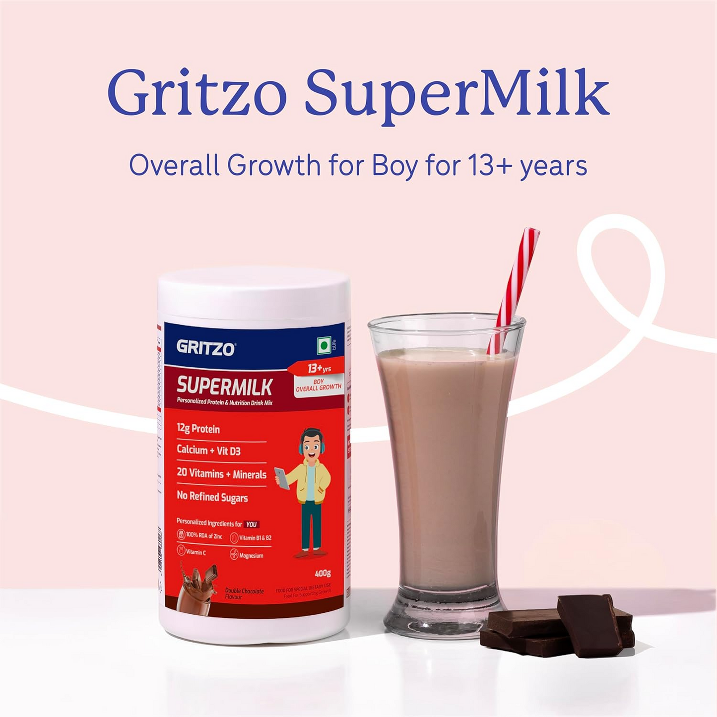 Gritzo Supermilk Overall Growth Powder 13+Y (Teen Athletes), Health Drink For Boys