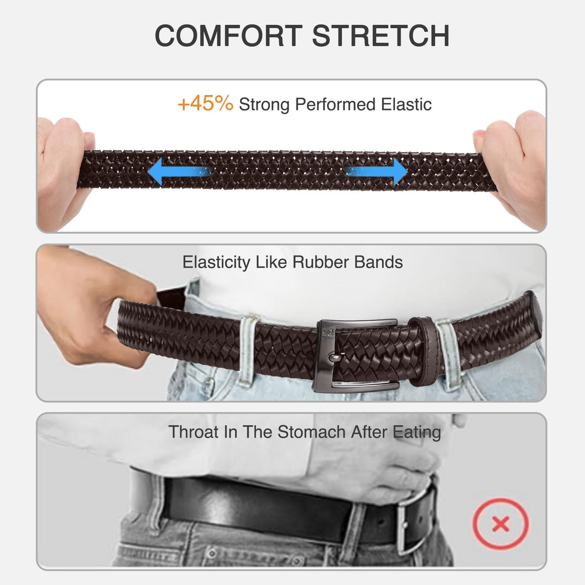SAKIZITO Mens Braided Leather Belt - 1 1/4“ Stretch Belts for Men Casual - Mens Dark Brown Belt