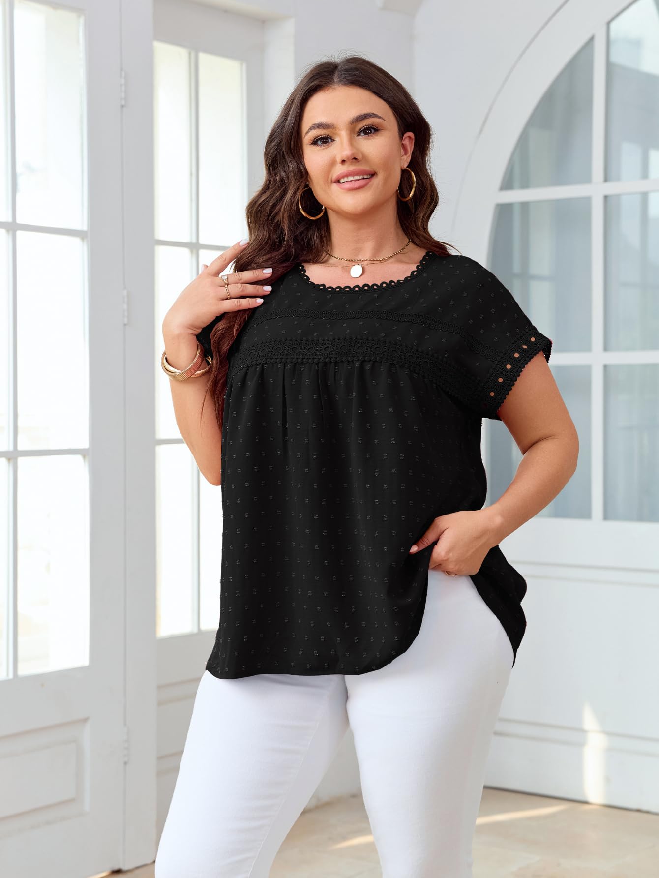SHESTARR Women's Plus Size Crewneck Lace Crochet Short Sleeve Top Black XL Plus