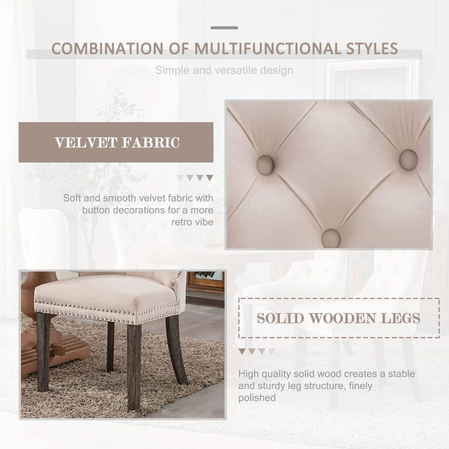 Beige Velvet Tufted Dining Chairs With Nailhead Trim Set Of 6