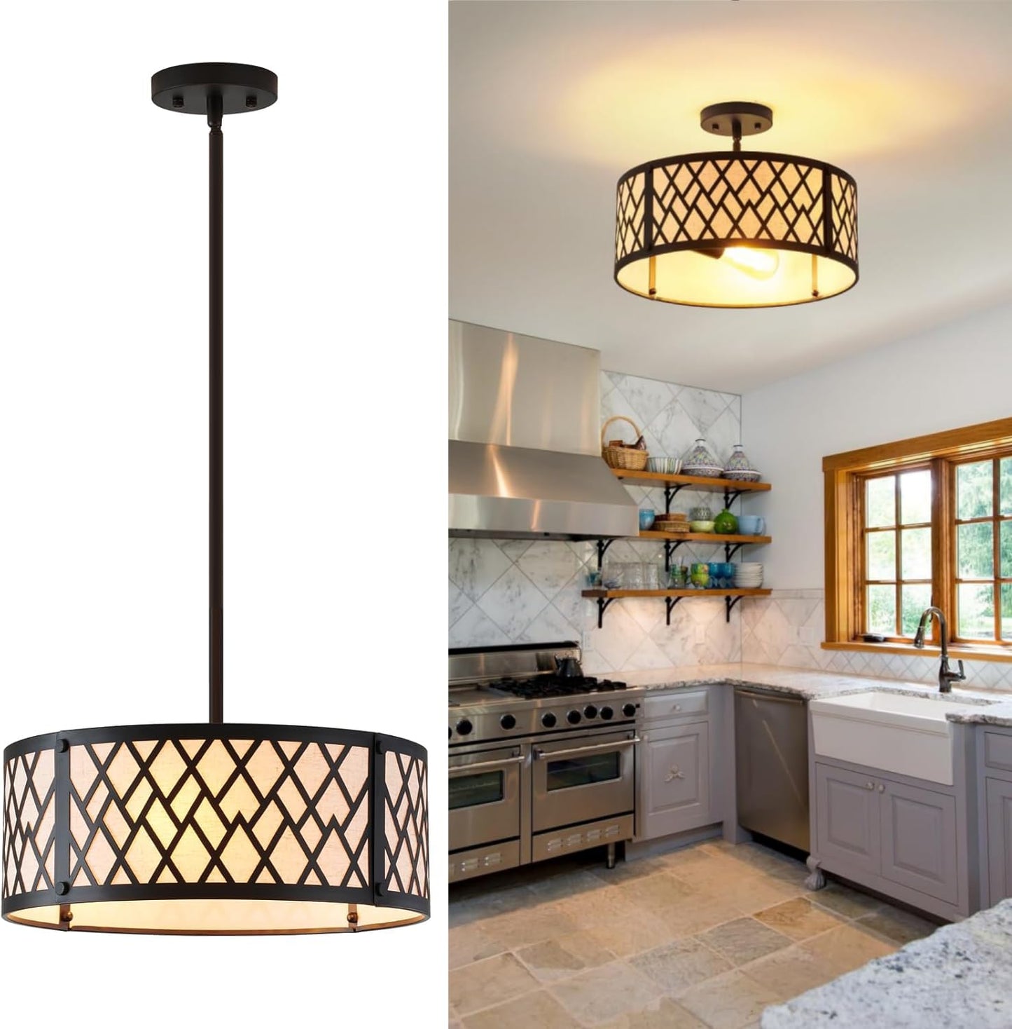 SGLfarmty 15.7in Black Drum Chandelier 3 Light Ceiling Fixture Farmhouse Pendant