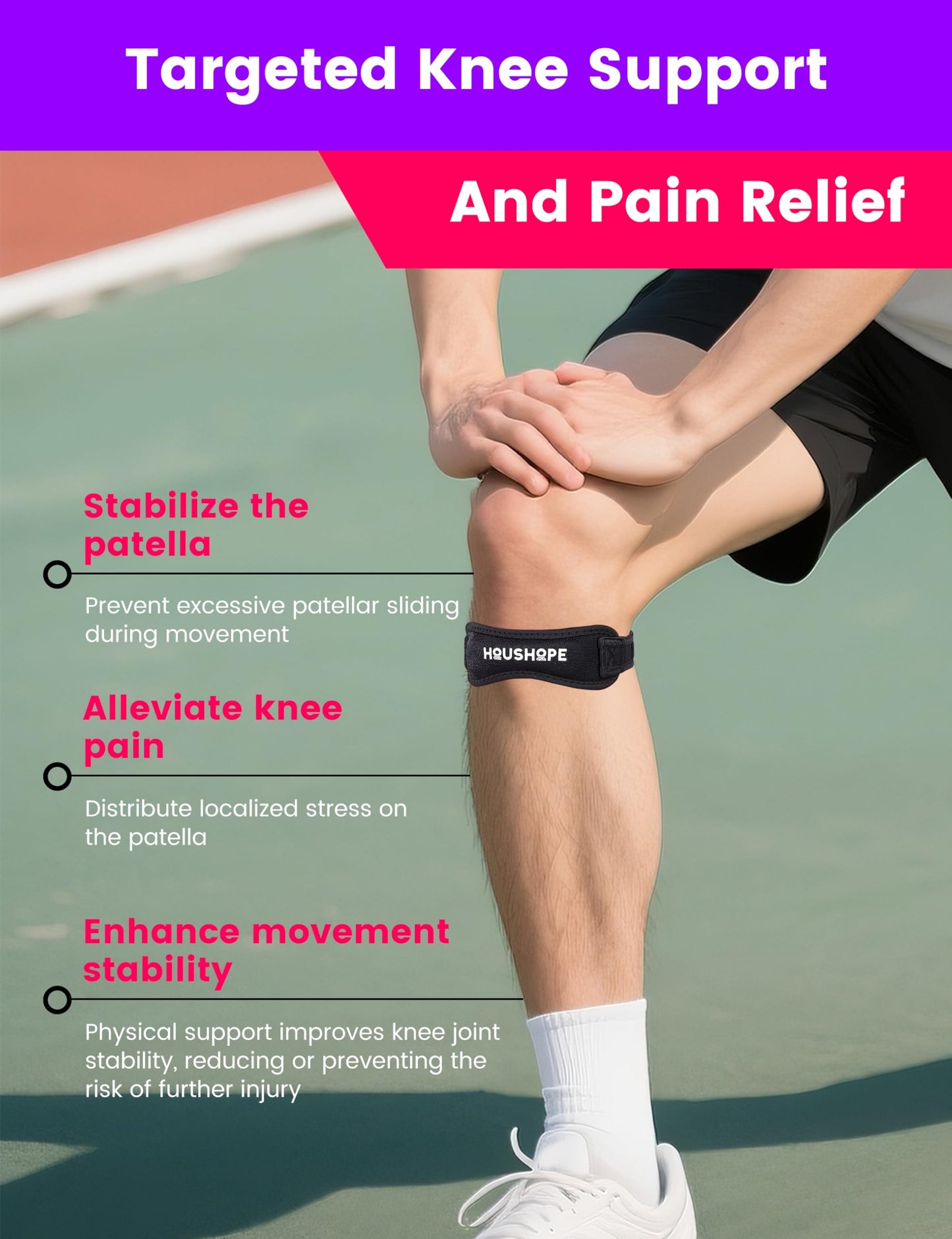 HOUSHOPE Patella Tendon Knee Strap 2Pack Adjustable Stabilizer Band One Size