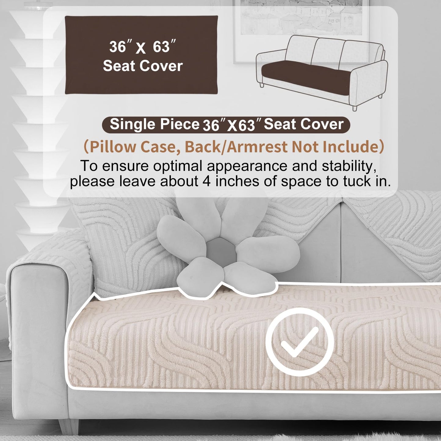 Aucrovee Plush Non Slip Sofa Cover 3 Cushion 36x63 White 1 PCS