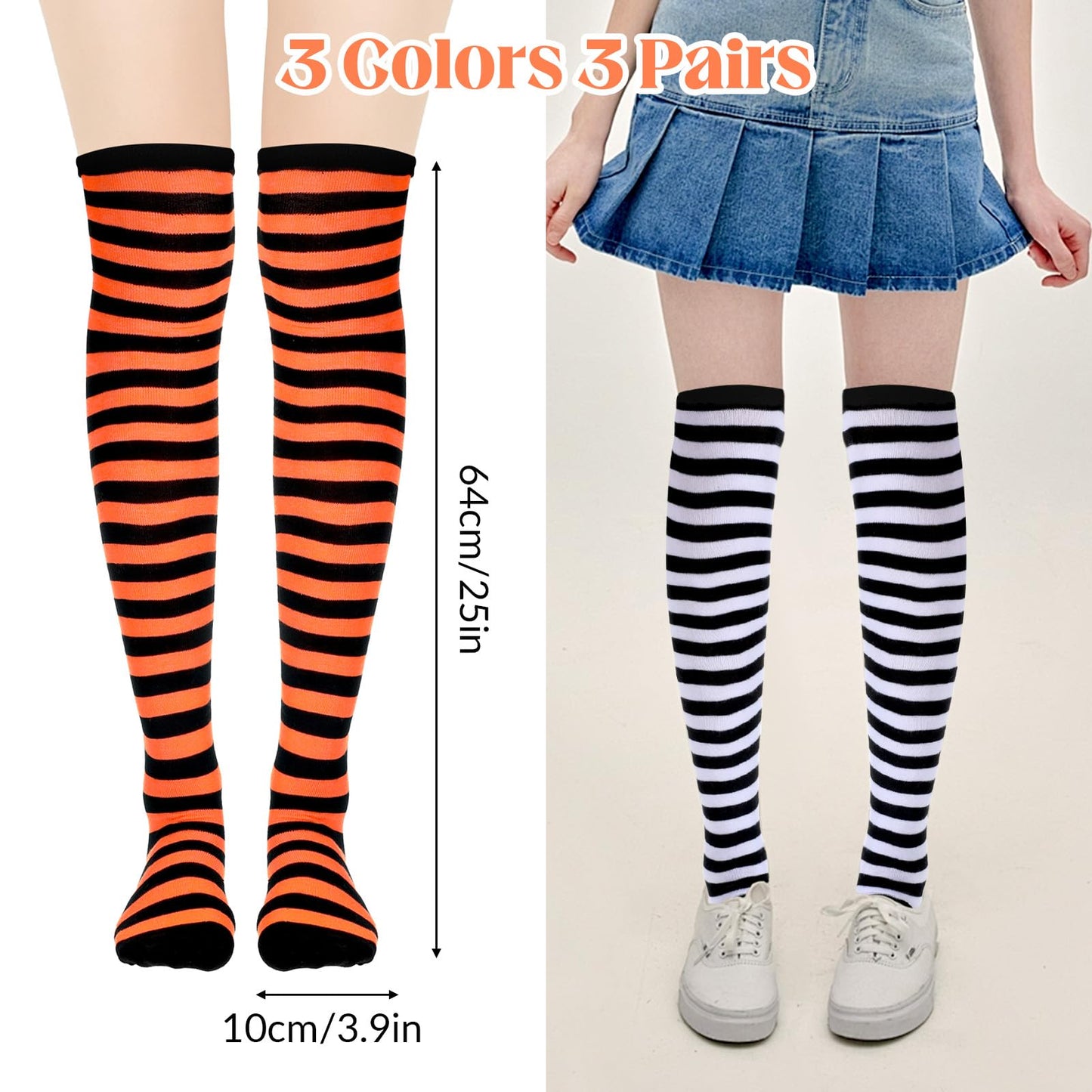 Tweruna 3 Pair Women's Knee High Striped Socks Orange Black Purple