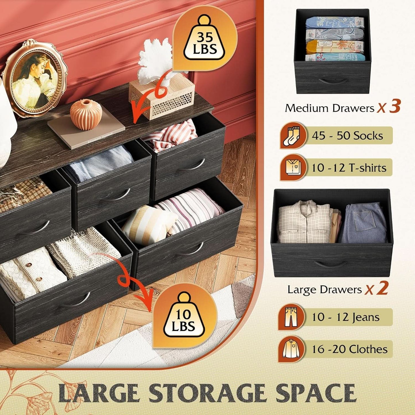 Charcoal Black Wood Grain Dresser With 5 Drawers And Fabric Bins