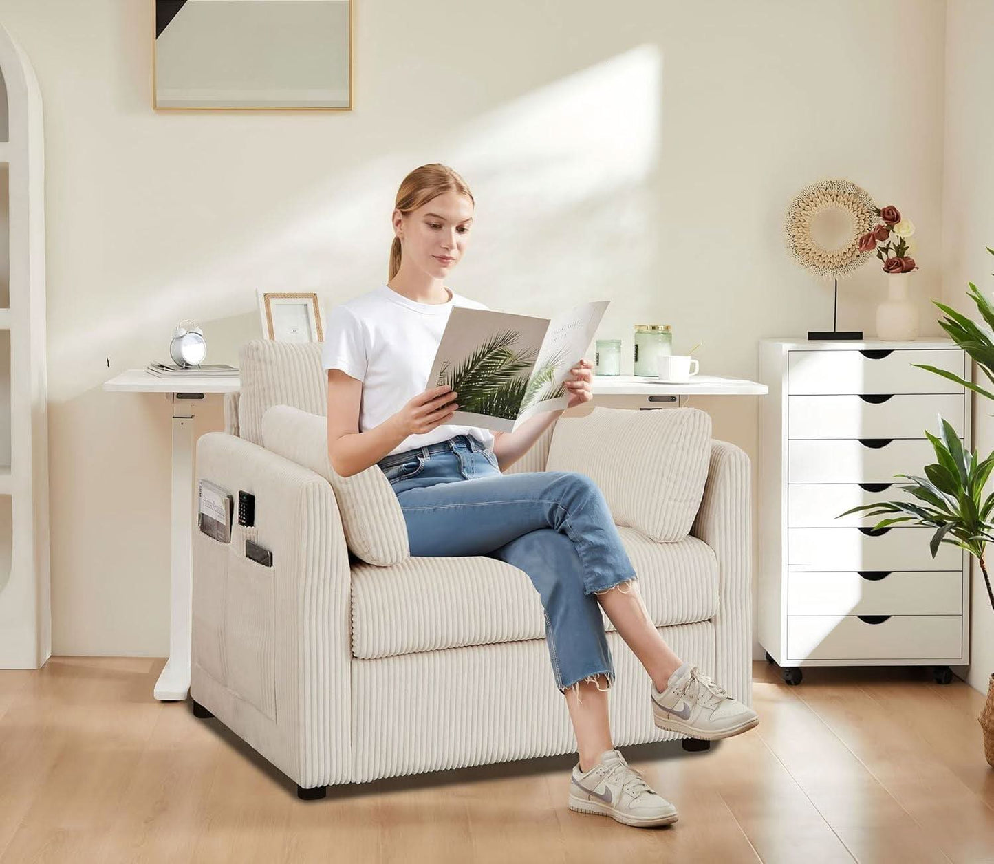 Beige 38 Inch Modern Upholstered Accent Reading Armchair