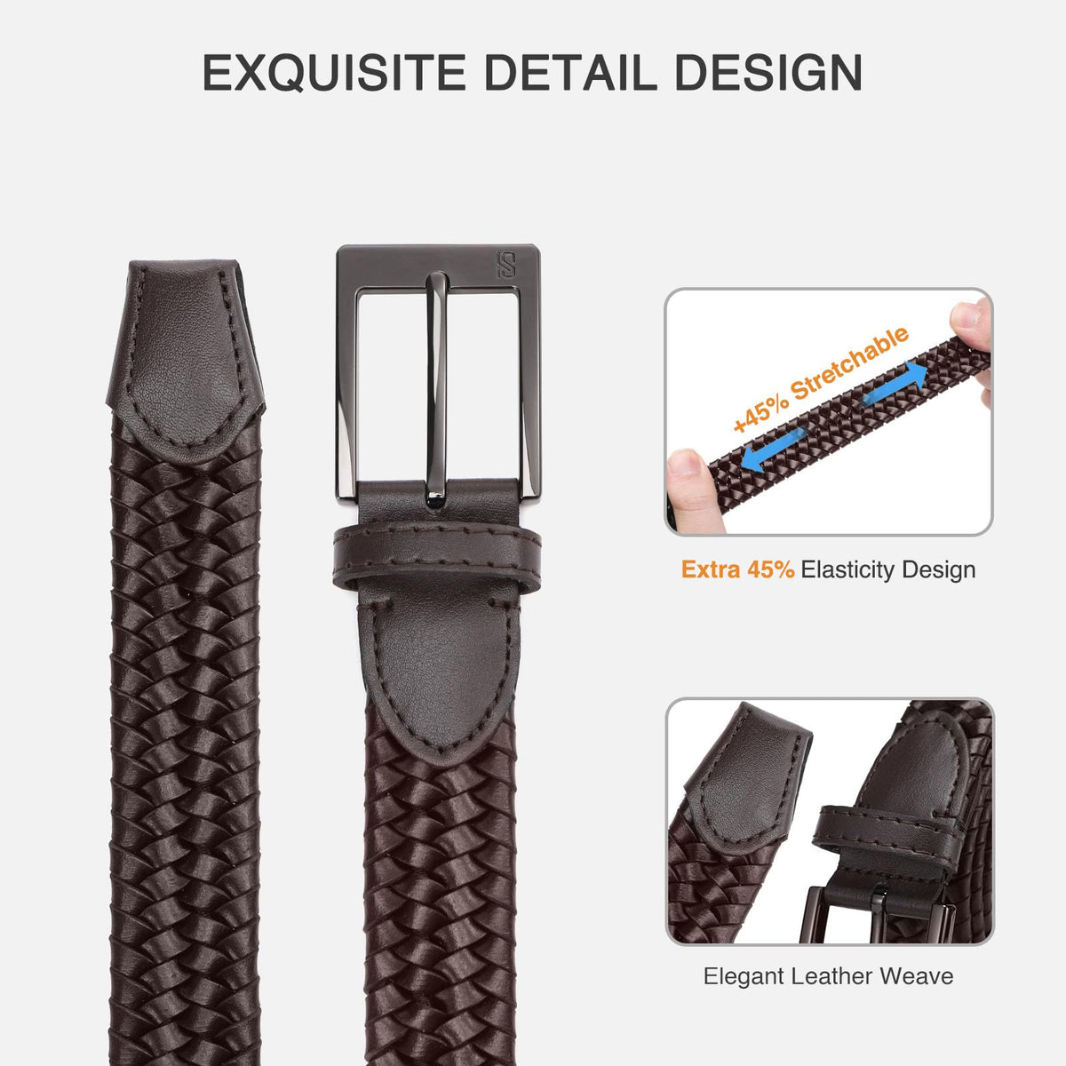 SAKIZITO Mens Braided Leather Belt - 1 1/4“ Stretch Belts for Men Casual - Mens Dark Brown Belt