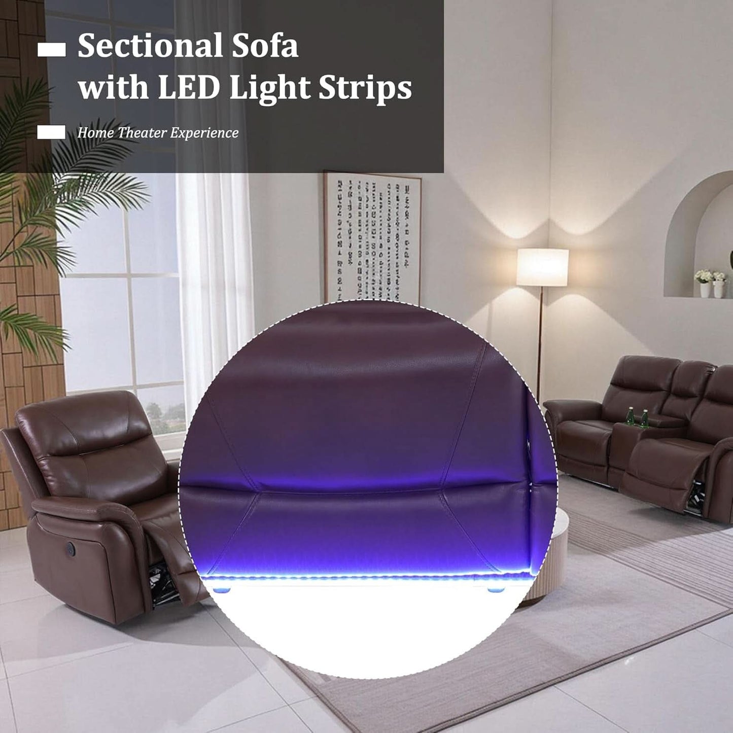Power Recliner Sofa Set With LED Leather 3 Piece Brown Living Room