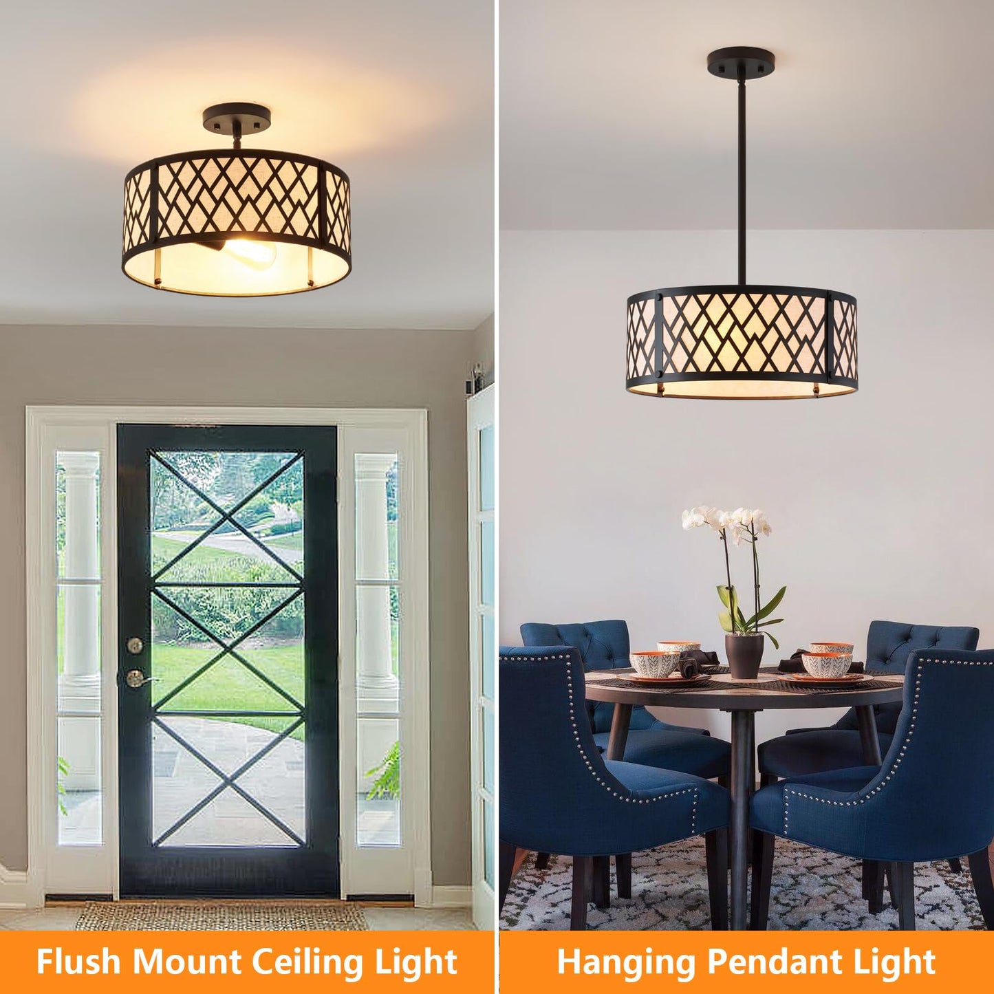 SGLfarmty 15.7in Black Drum Chandelier 3 Light Ceiling Fixture Farmhouse Pendant
