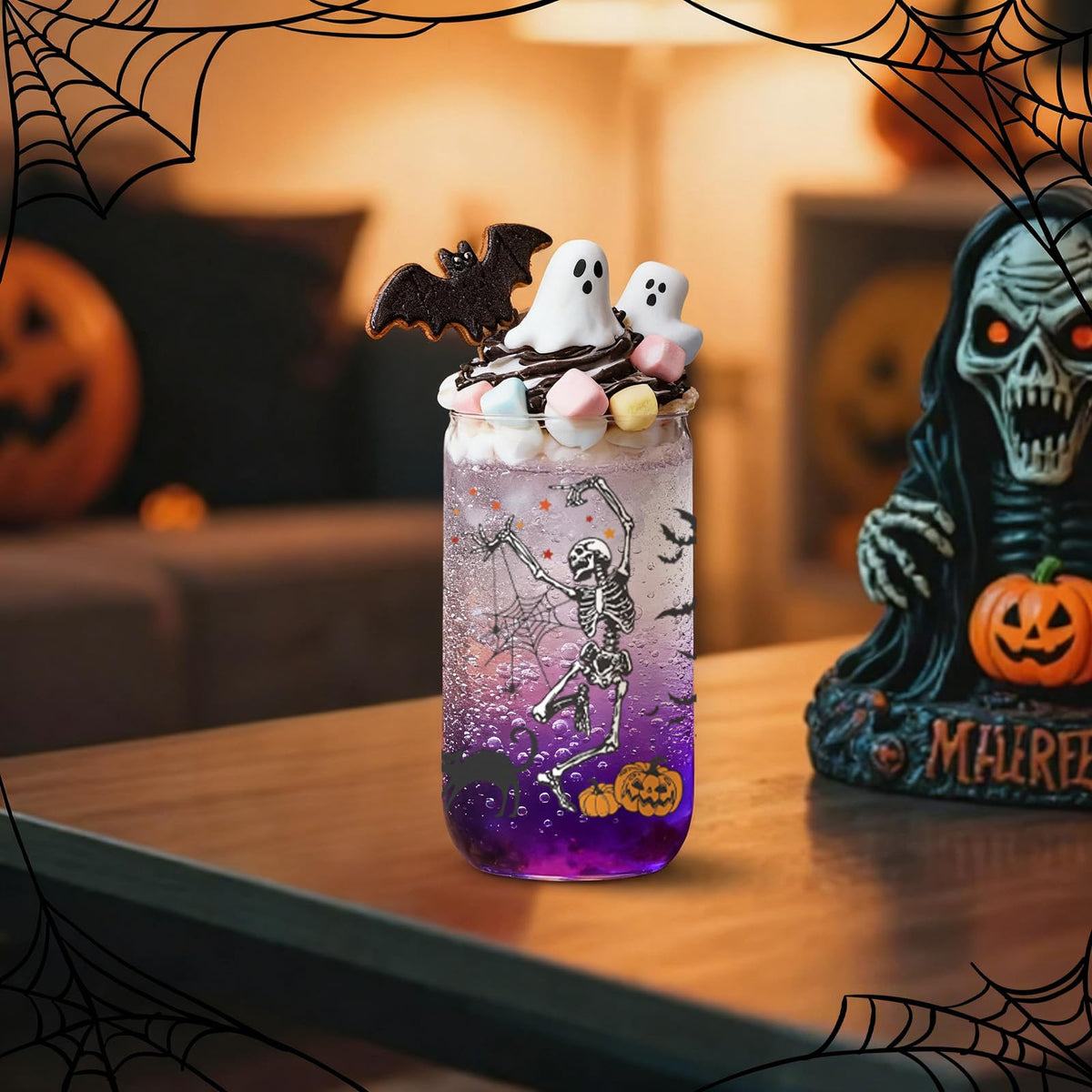 Halloween Tumbler Boo Basket Stuffers, Halloween Gifts for Women Teens Kids, Fall Cups Glass Coffee Mug with Lid & Straw 16 oz, Spooky Cute Skeleton Gag Gifts Fall Basket Stuffers Drinking Glasses