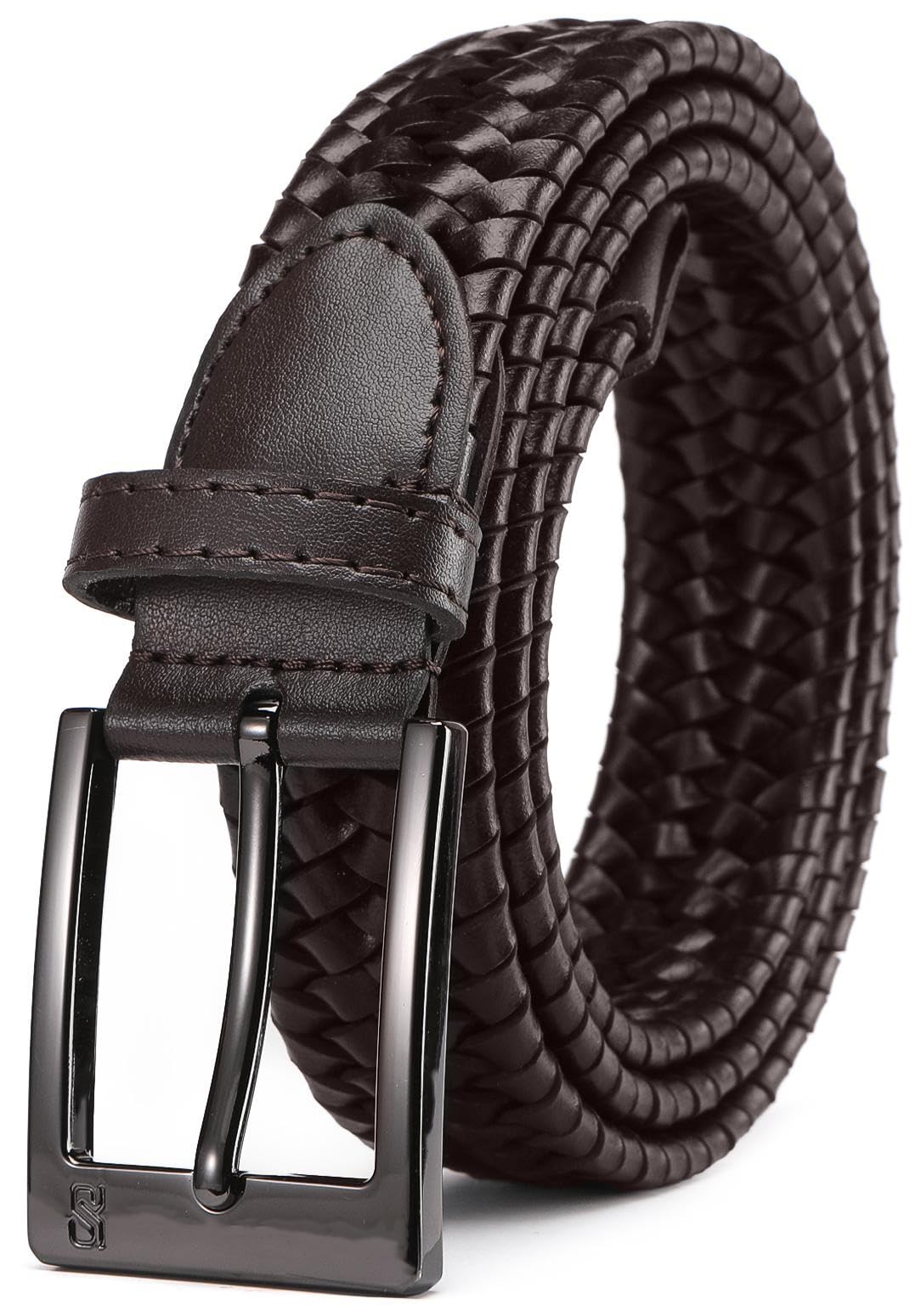 SAKIZITO Mens Braided Leather Belt - 1 1/4“ Stretch Belts for Men Casual - Mens Dark Brown Belt